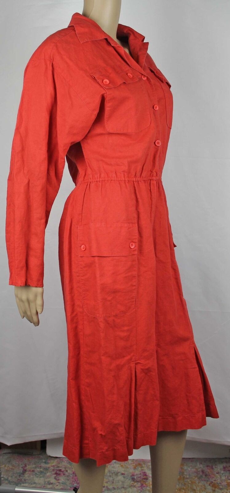 1980s Vintage Red Cargo Utility Dress Cotton Shirtdress Pockets Melissa Lane 12