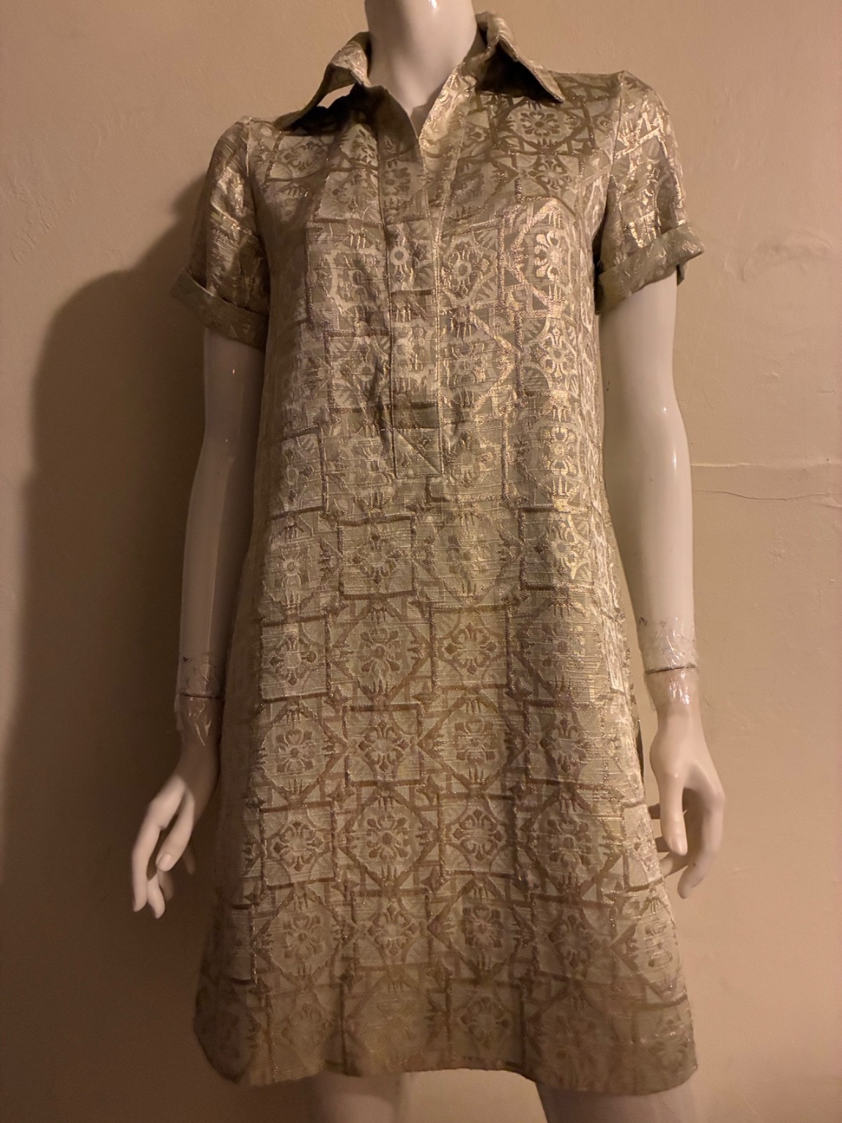 DianeVonFurstenberg vintage 90’s shirt dress metallic gold geometric flower 0