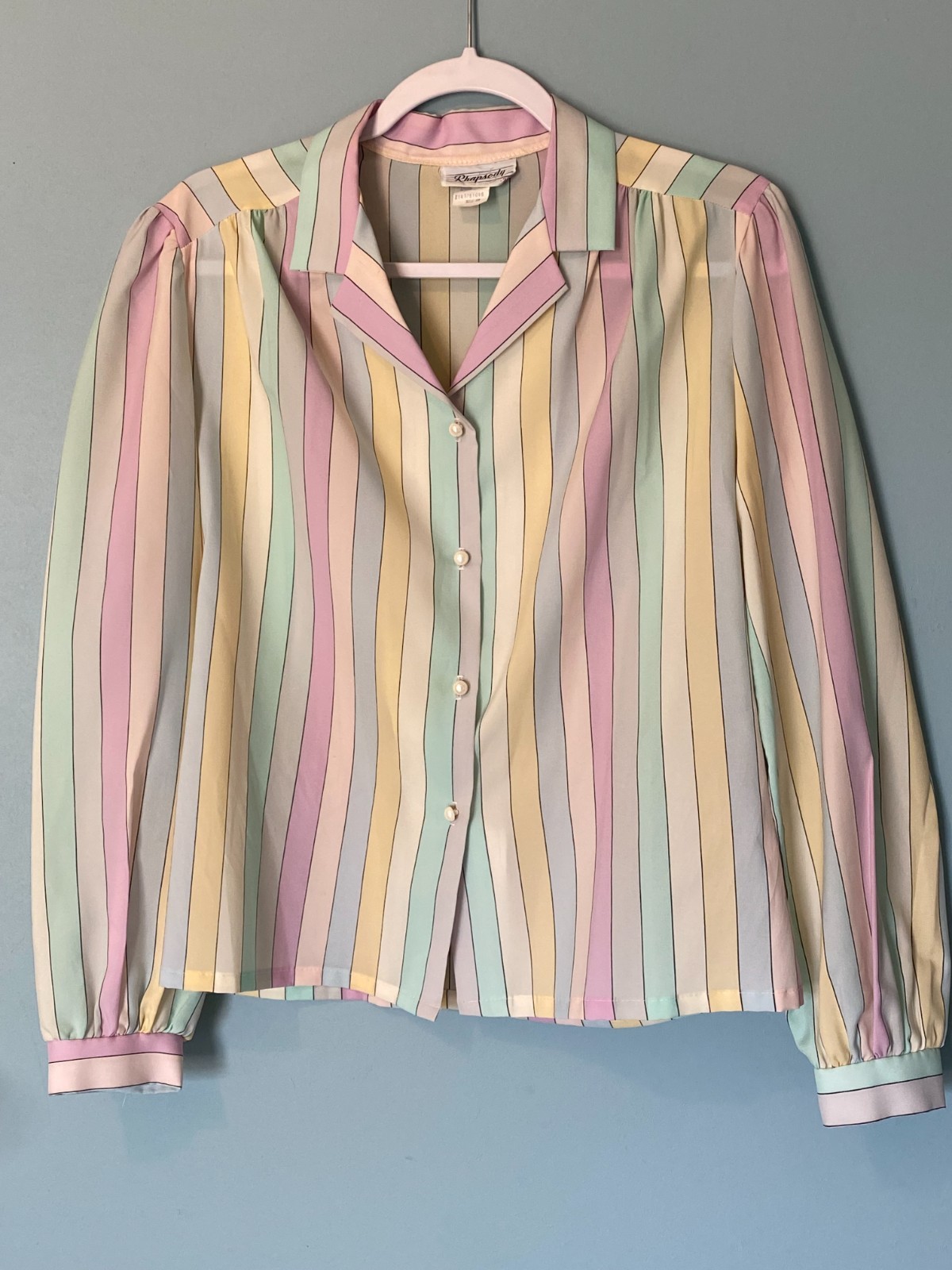 Vintage Rhapsody 70s 80s Pastel Candy Stripe Pearl Button Retro Blouse 38