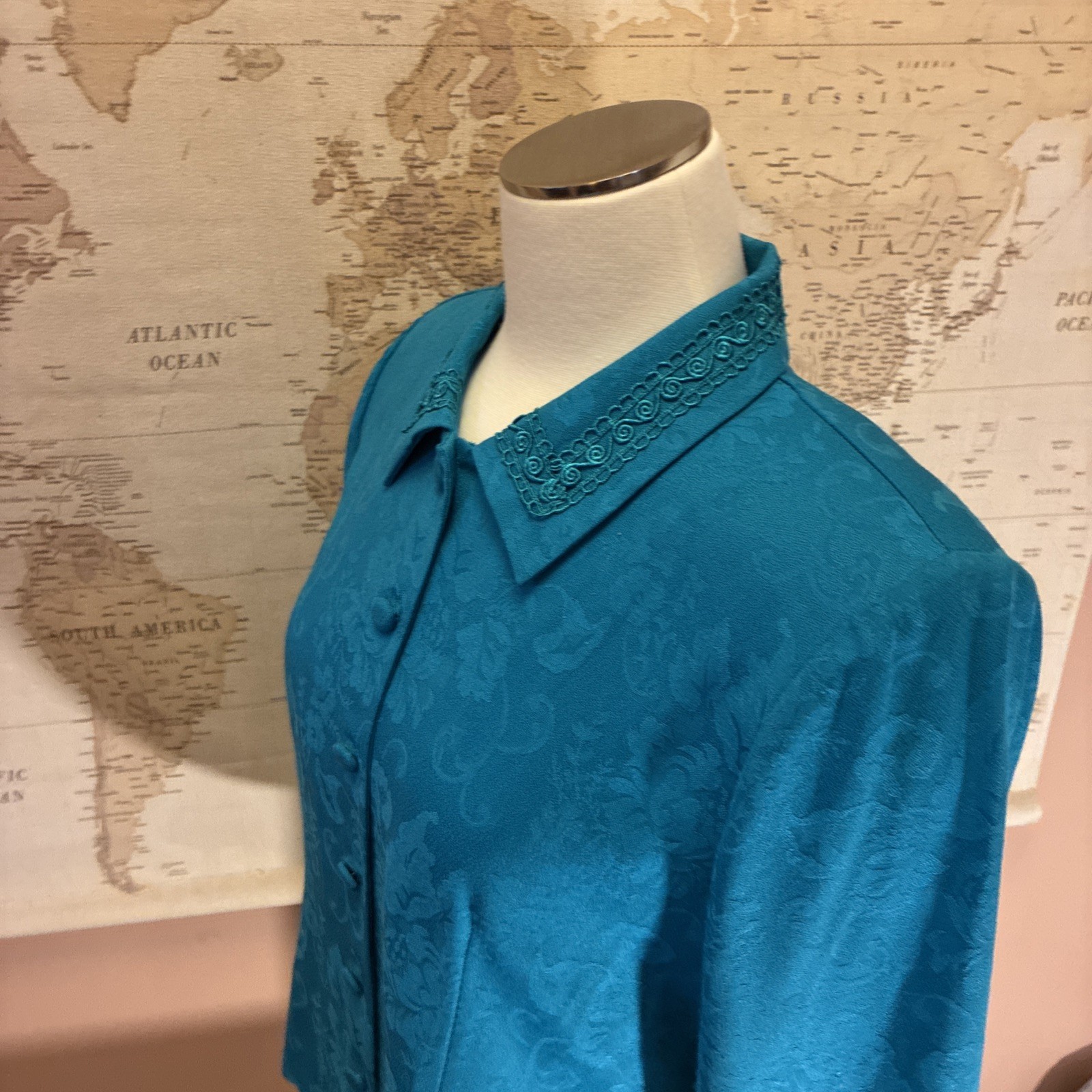 VNTG Women Teal Blue Jacket Shirt Buttons Lace Embellished 10 P Blue Unique 90s