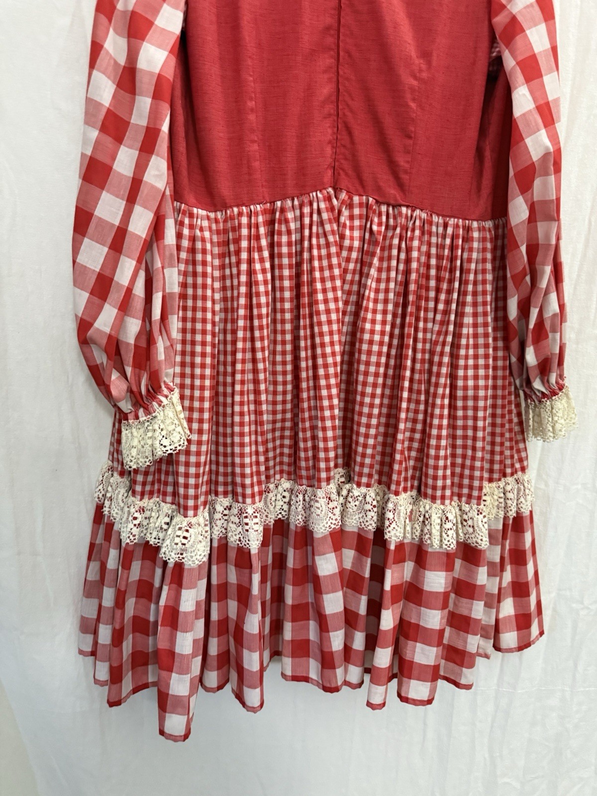 Vtg 70s Handmade Prairie Dress Red Gingham Lace Bib Farmhouse XL Storybook Style