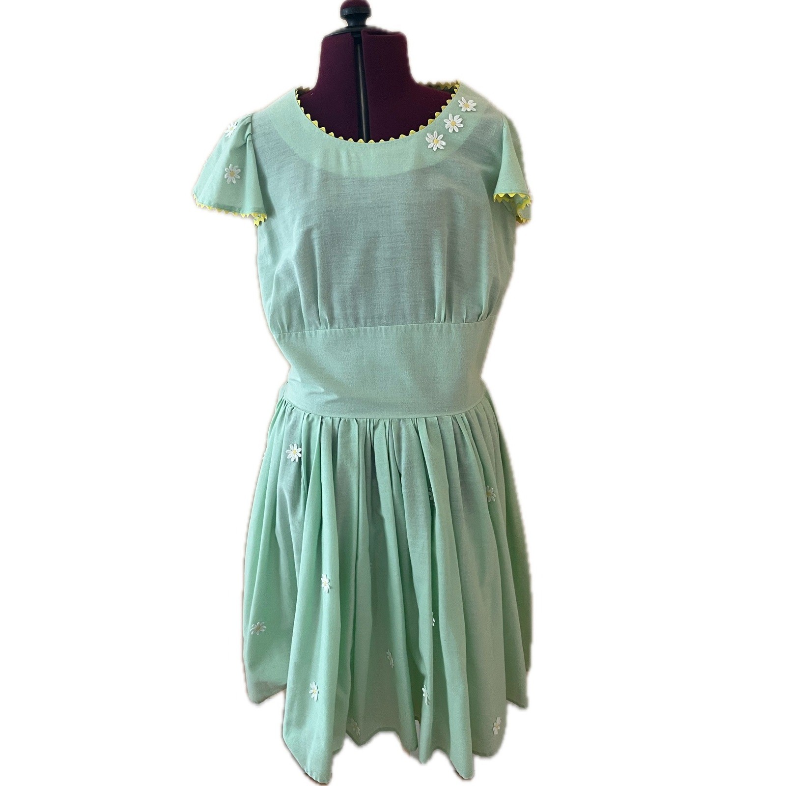 Vintage Hademade Green Daisy Fit Flare Dress Yellow Trim 50s Cottagecore Sz M