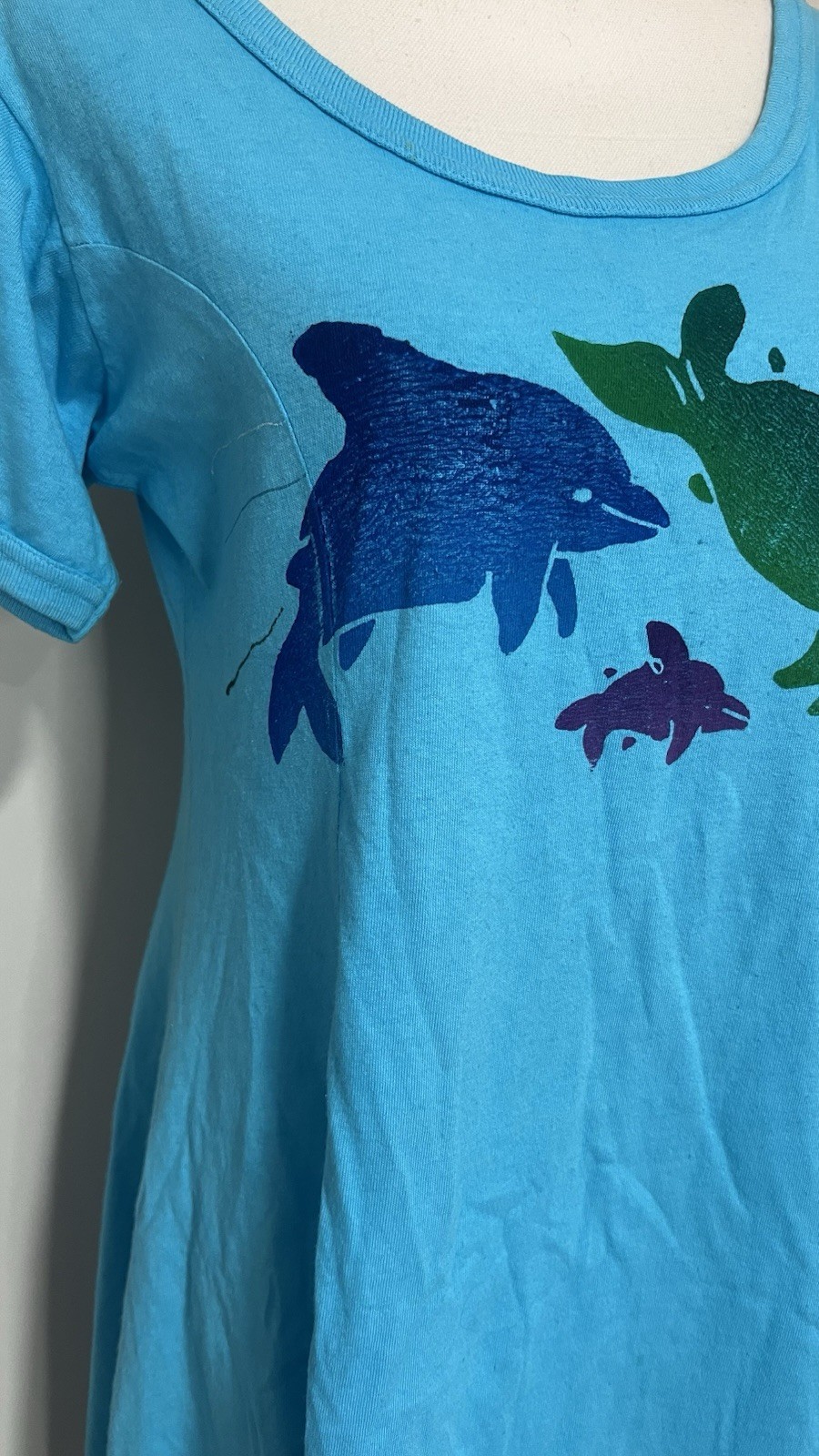 Rare Vintage 1980s Banana Boat Turquoise Dolphin and Fish Block Print Dress