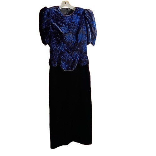 Vtg Scott McClintock Black Velvet Maxi Dress Blue Glitter Open Back Puffy Size 4