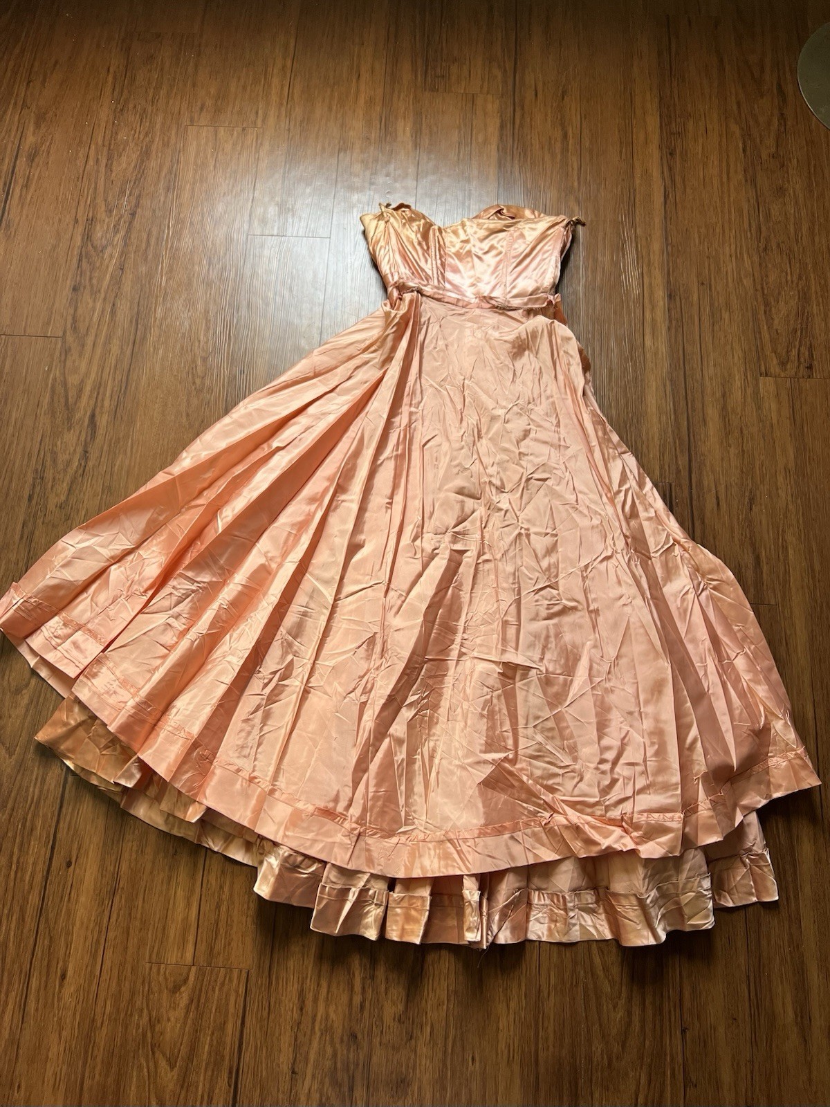 Vintage 40s 50s Ball Gown Strapless Floral Appliques Beaded Maxi Satin Dress MCM
