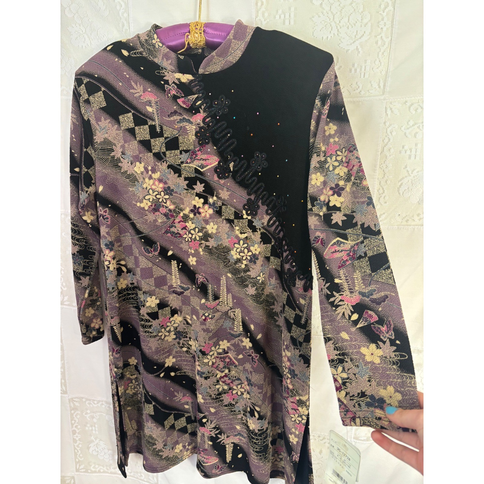 VTG NWT Asian Inspired Black Butterfly Artsy Cheongsam Mini Dress Size L
