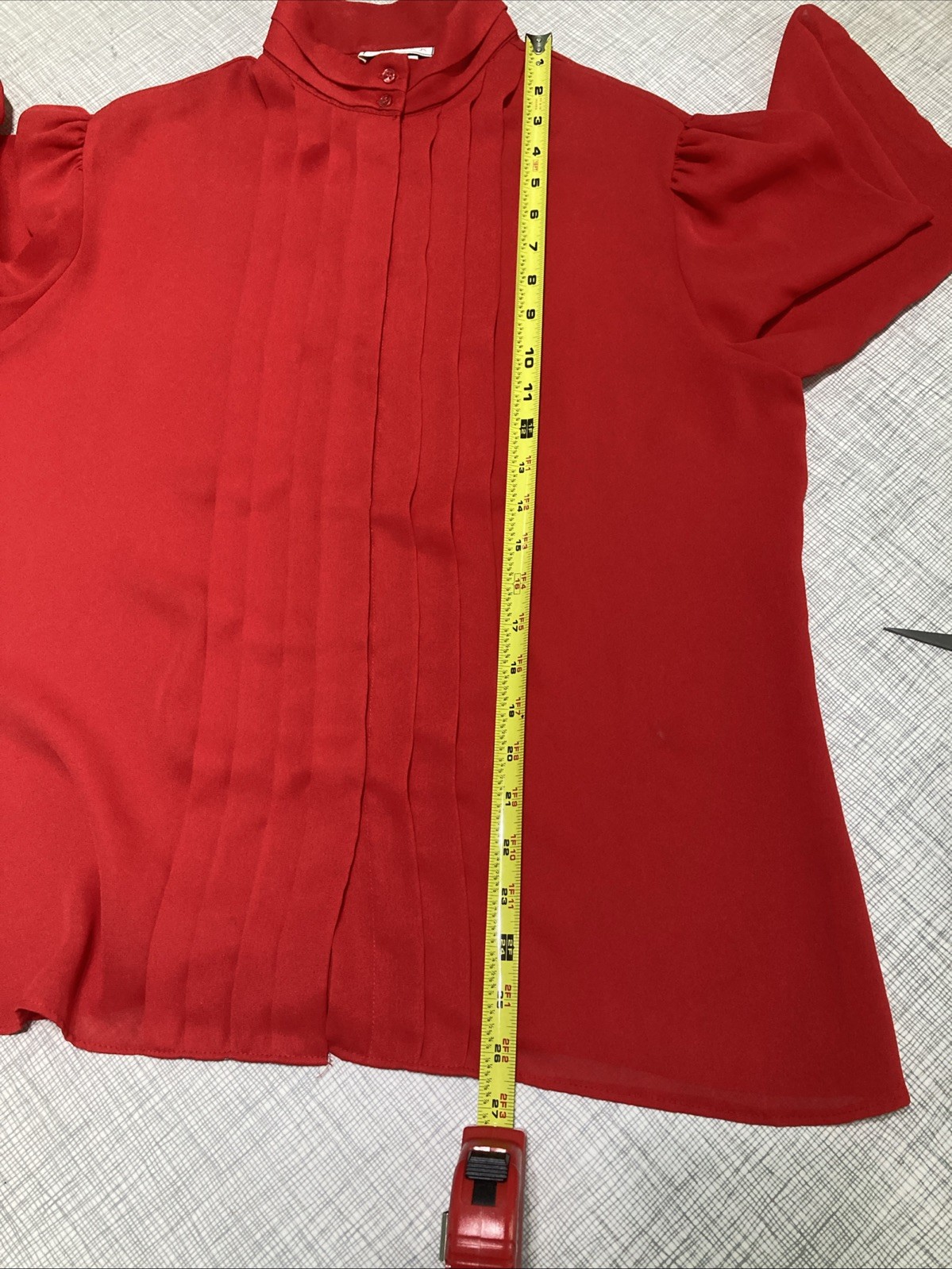 Vtg 80s Chadwyck Secretary Blouse 16 Red Pleats Tuxedo Crepe Sheer USA Mock Neck