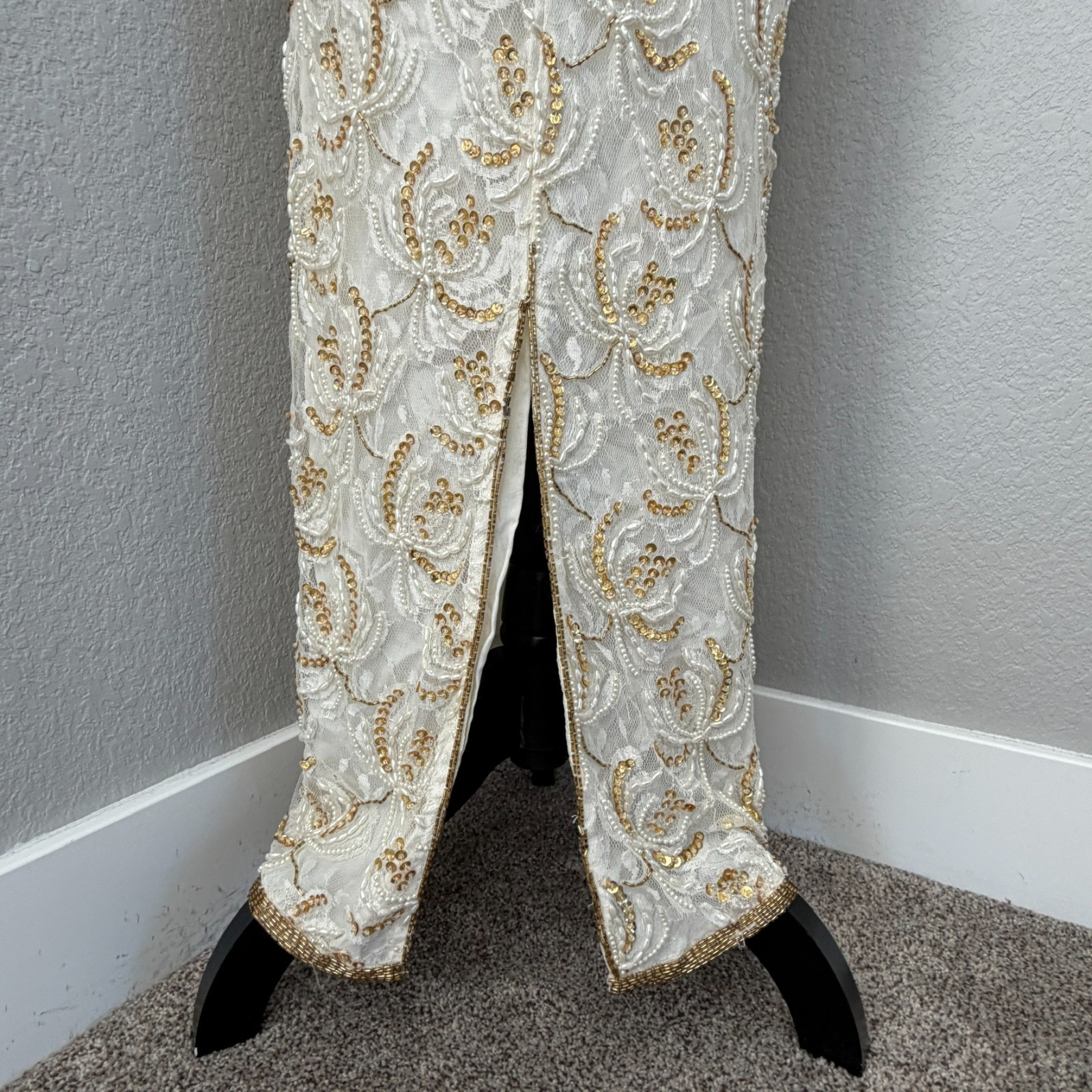 VINTAGE 80s Judith Ann Creations Ivory Gold Beaded Sequin Gown Dress Small