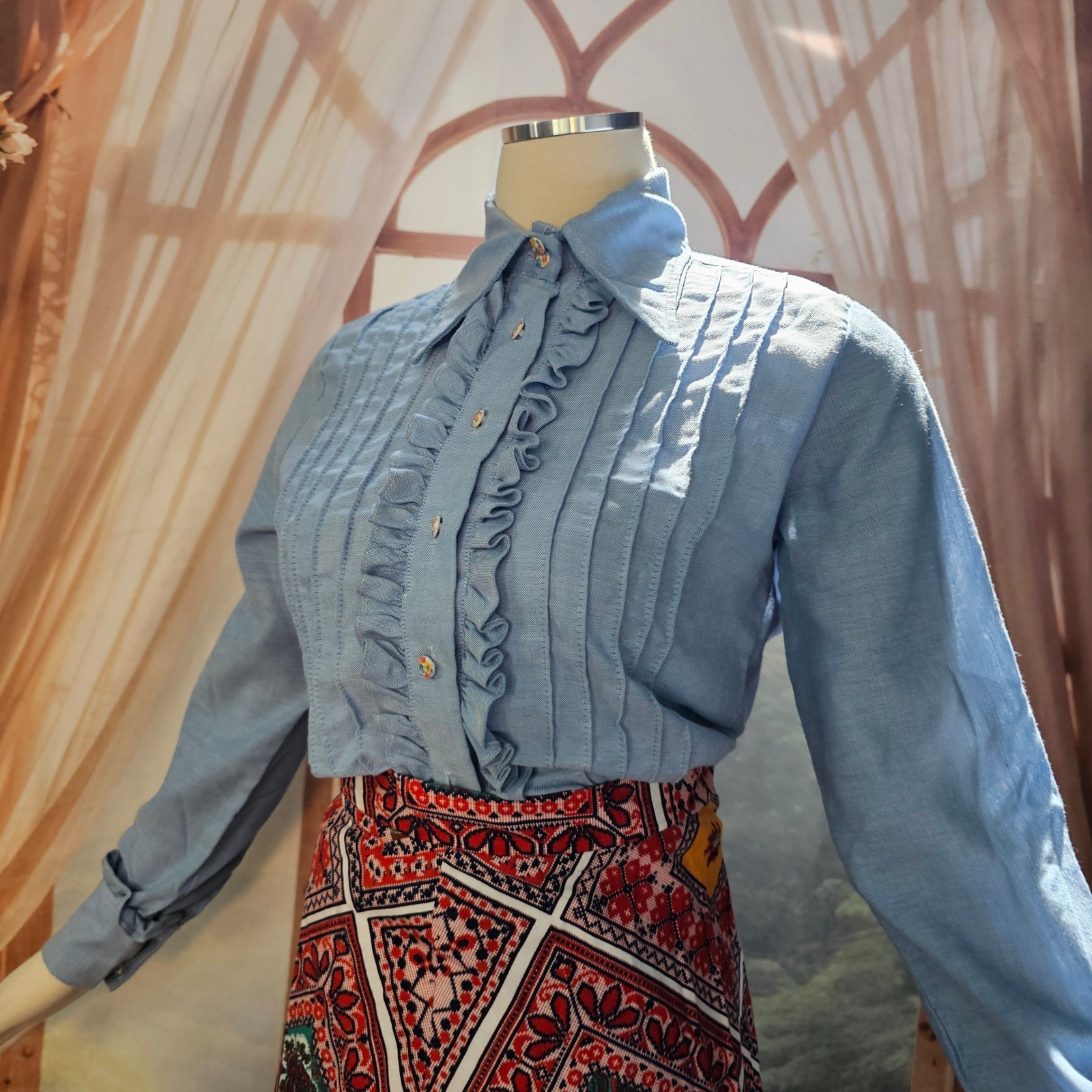 Vintage 1970s Light Blue Ruffled Tuxedo Blouse Pintuck Top Pointed Collar
