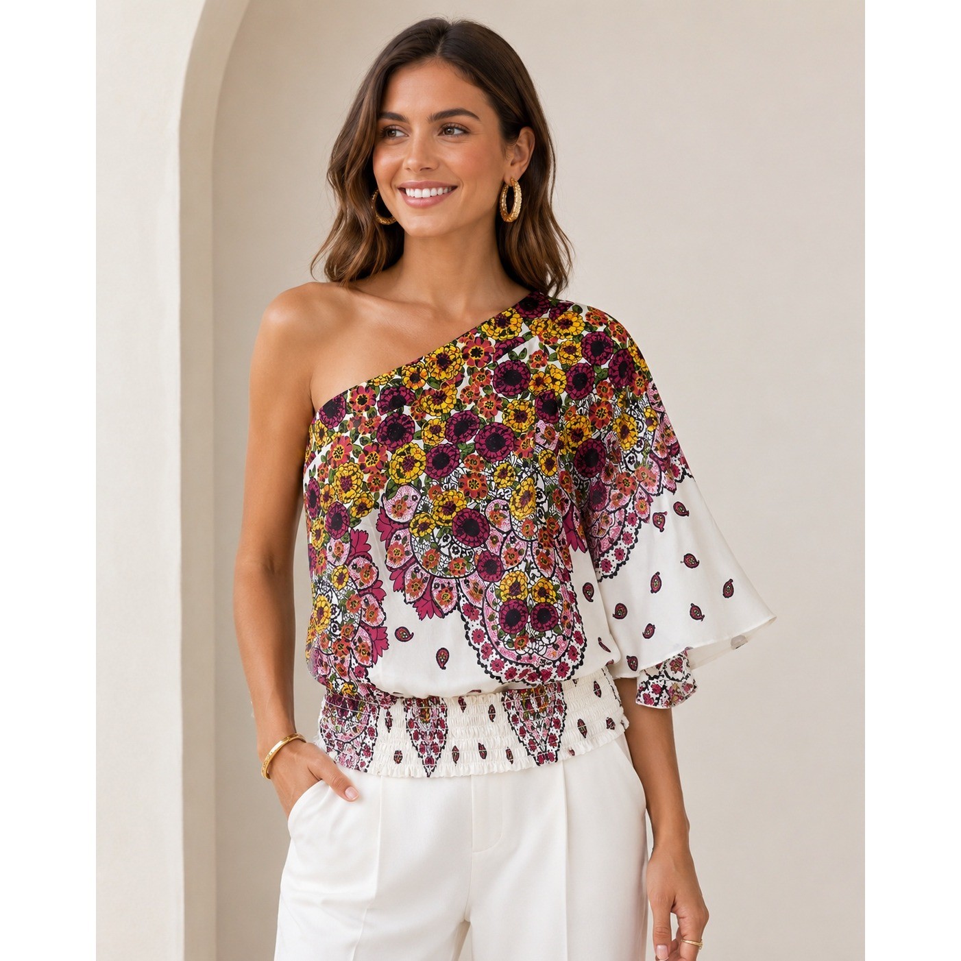 Vintage Rampage Boho Chic Floral One Shoulder Top 90s Y2K M