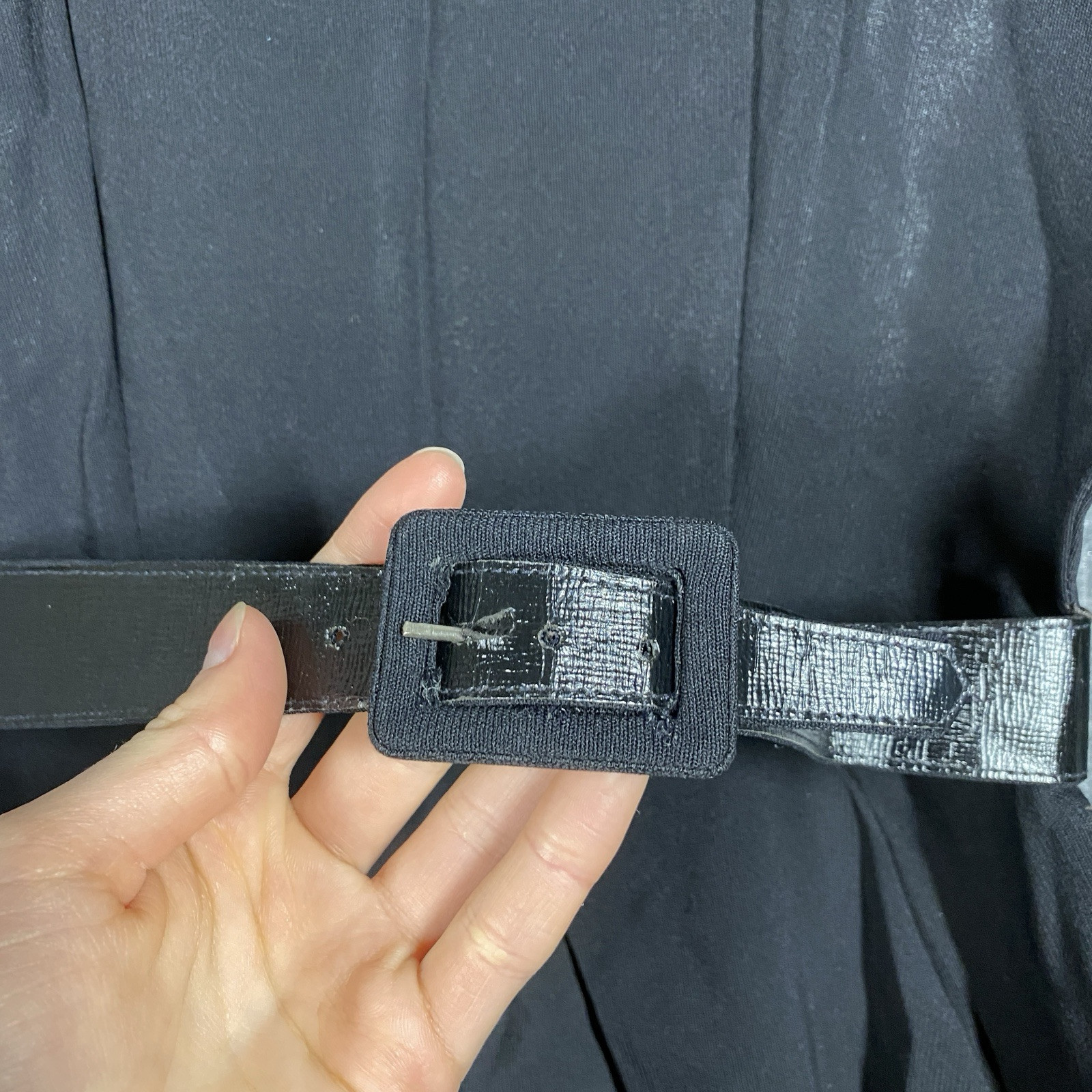 VINTAGE 40s 50s Georgia Wells Black Rayon Red Velvet Dress Belt Long Sleeve