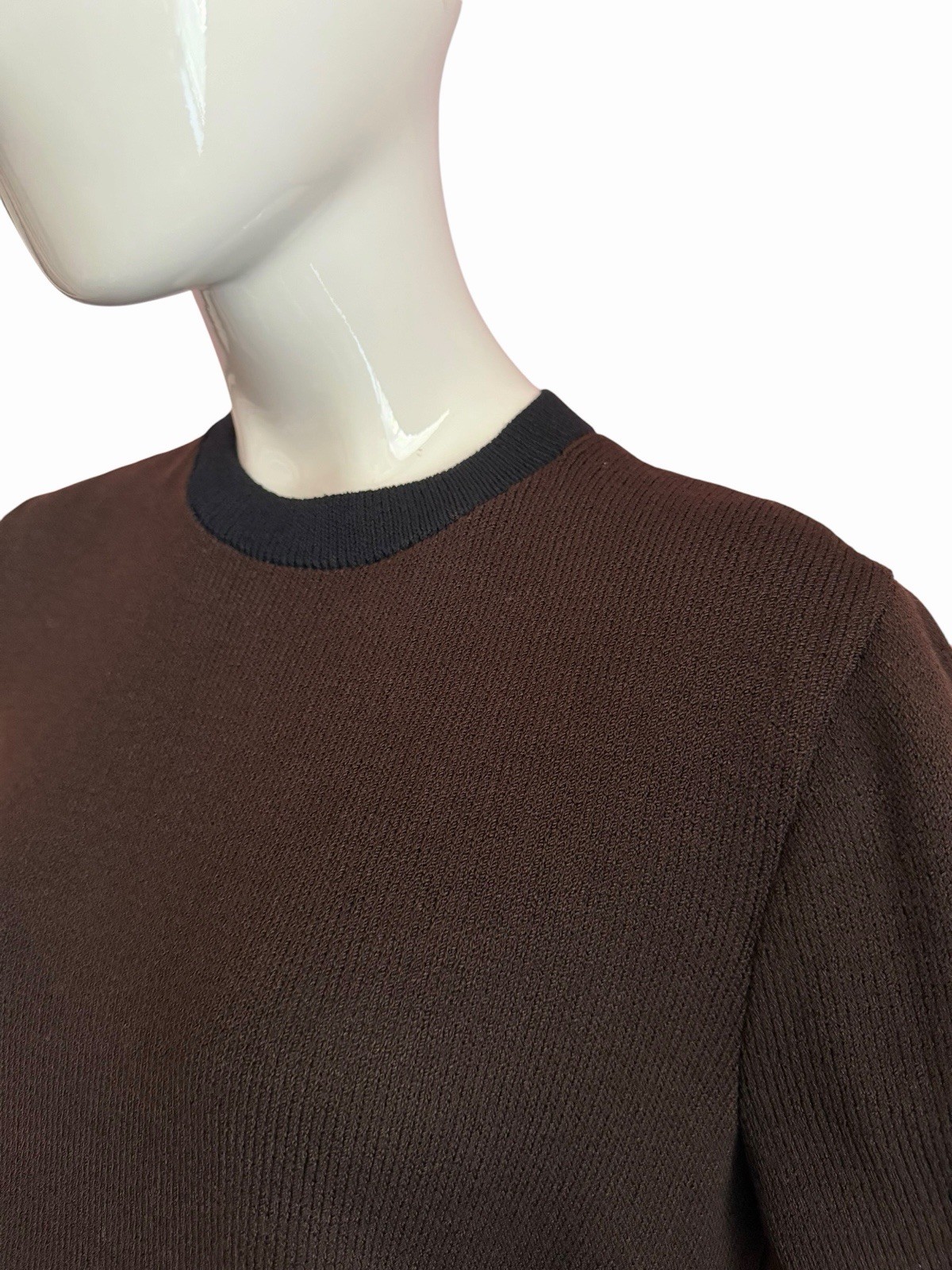 VTG St John Santana Knit Top Mock Neck Pullover LARGE Short Sleeve Brown Black