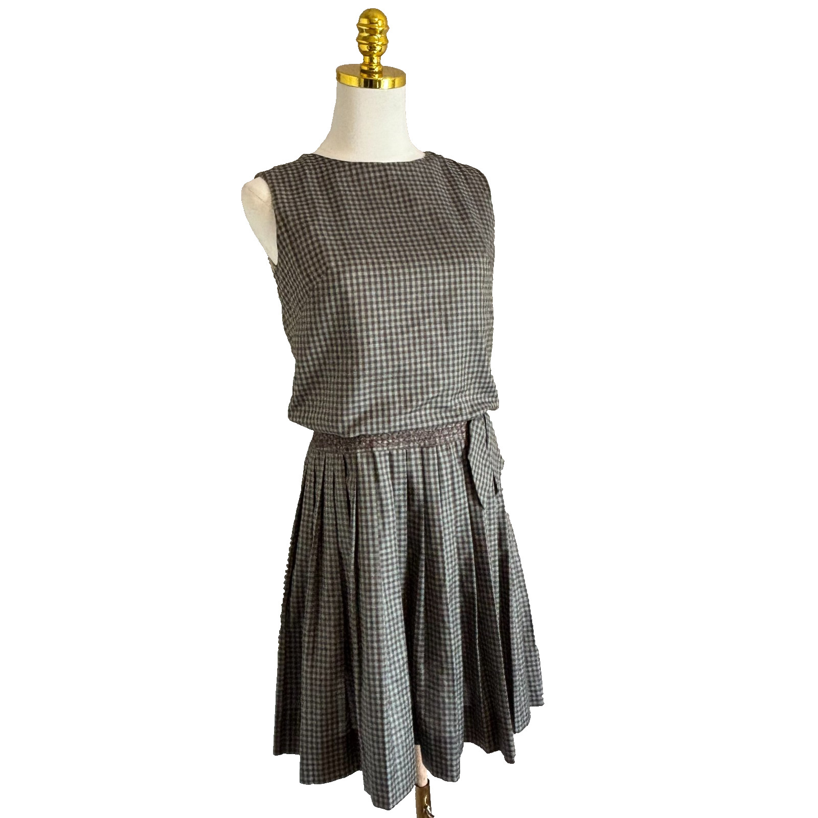 VTG 60s KELLY ARDEN Gingham Dress Smocked Pleated Sleeveless Preppy Mod Retro 5