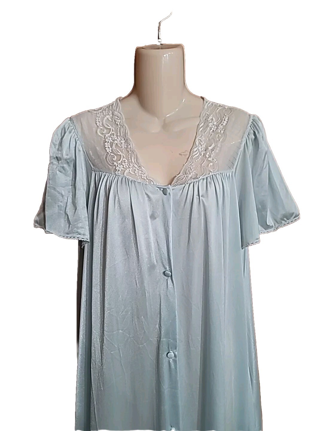 vtg 70s VASSARETTE Robe Light Blue Tricot Nylon Short Sleeve Lace Buttons Pocket