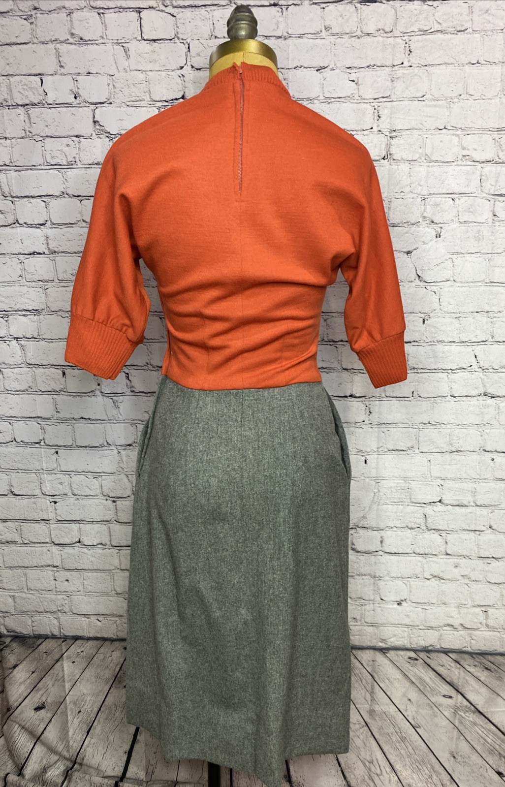 Vtg 60s Mod Marion McCoy Wool Orange Dress 3/4 Sleeve MIDI Pencil Secretary