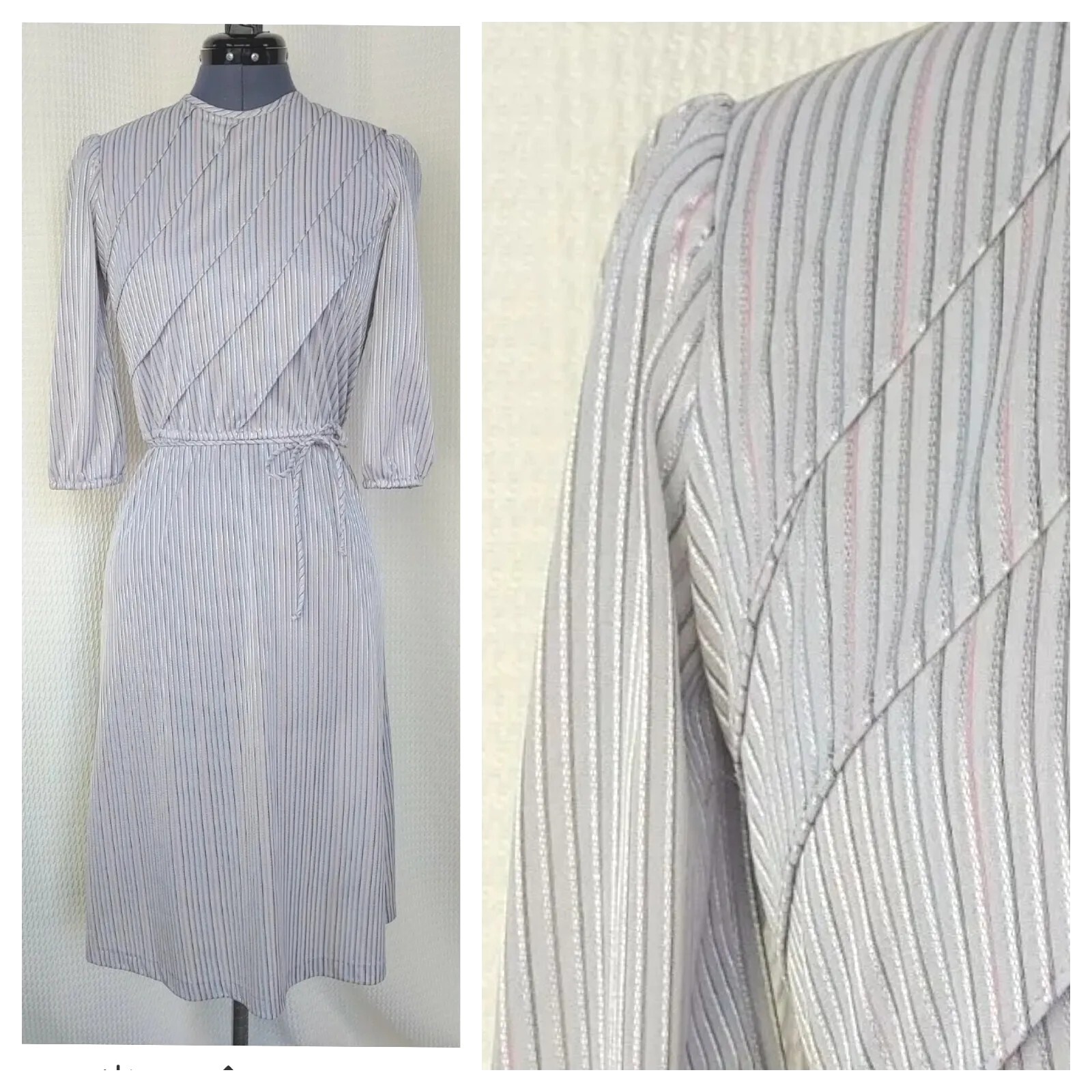 Vintage Grey Dress with Diagonal Layers and Pink/Black/Purple/Blue Stripes Sz 5
