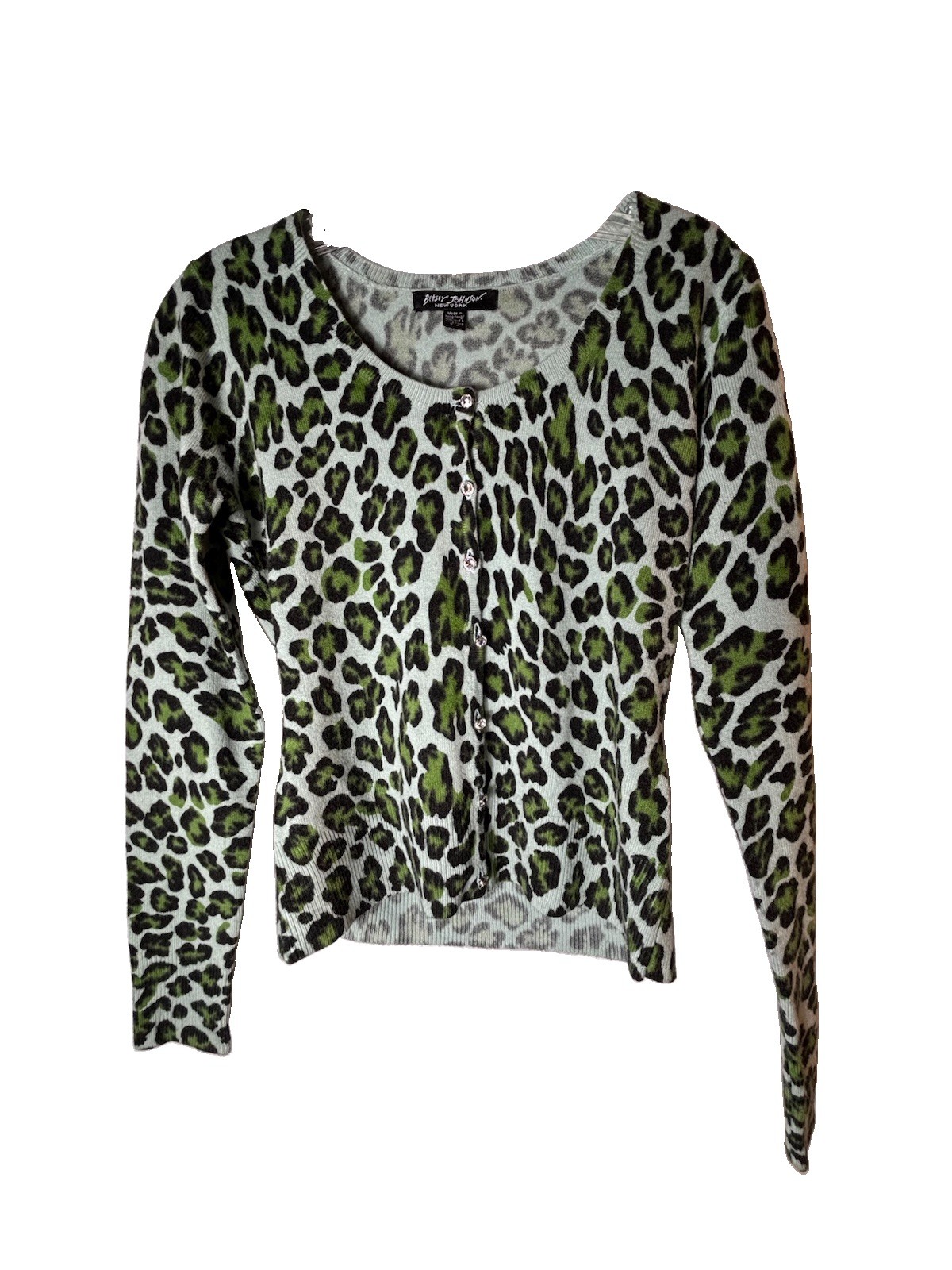Vintage Betsy Johnson Leopard Print Cardigan Y2K Rhinestone Buttons Green S