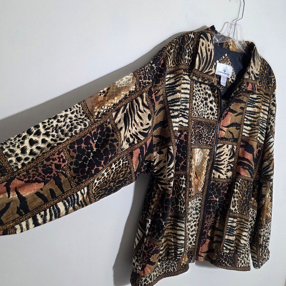 Erin London Vtg 100% silk patchwork animal print zipper front jacket Woman sz XL
