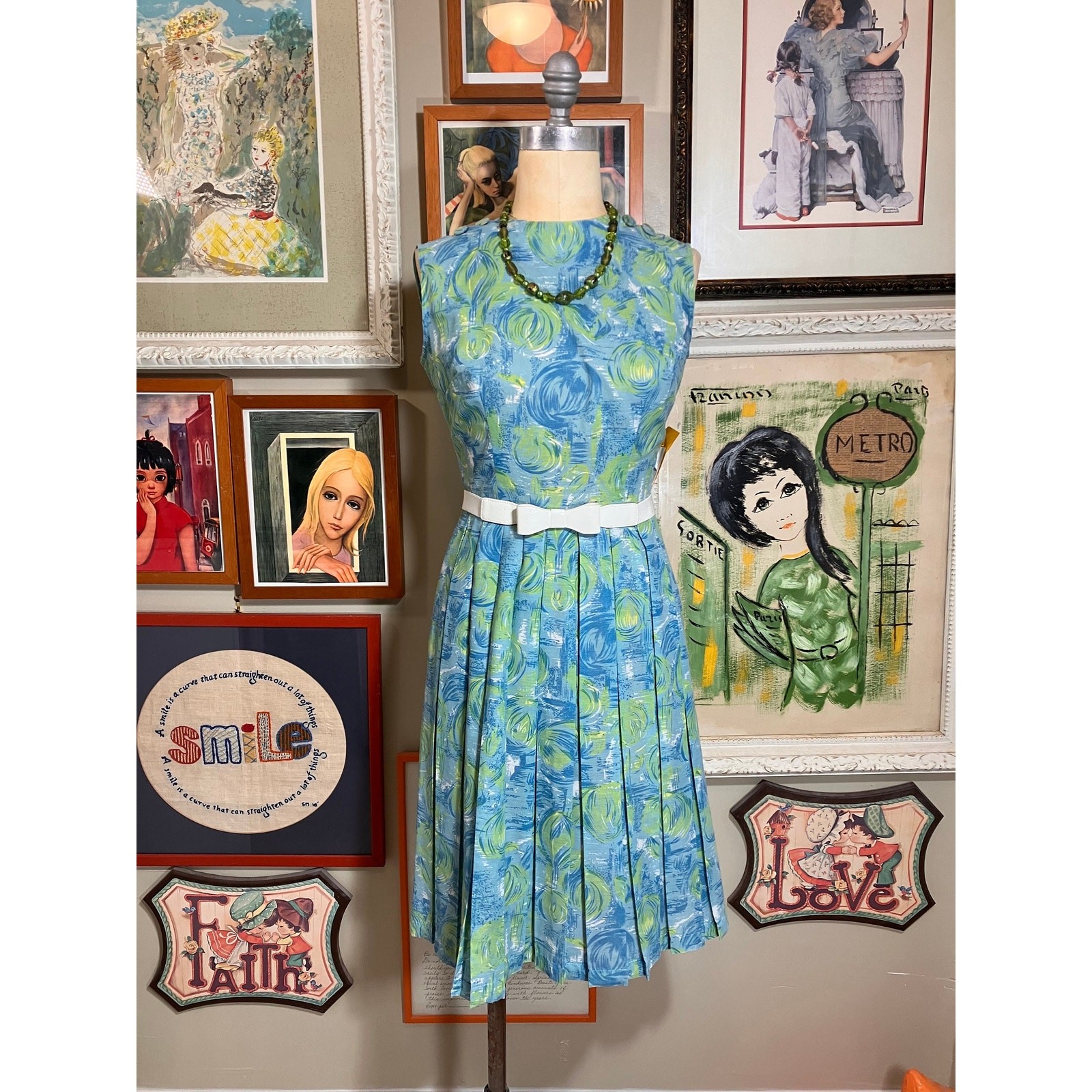 1960s Cinch Dress Multi Blue Green Abstract Floral Print Pleated Summer