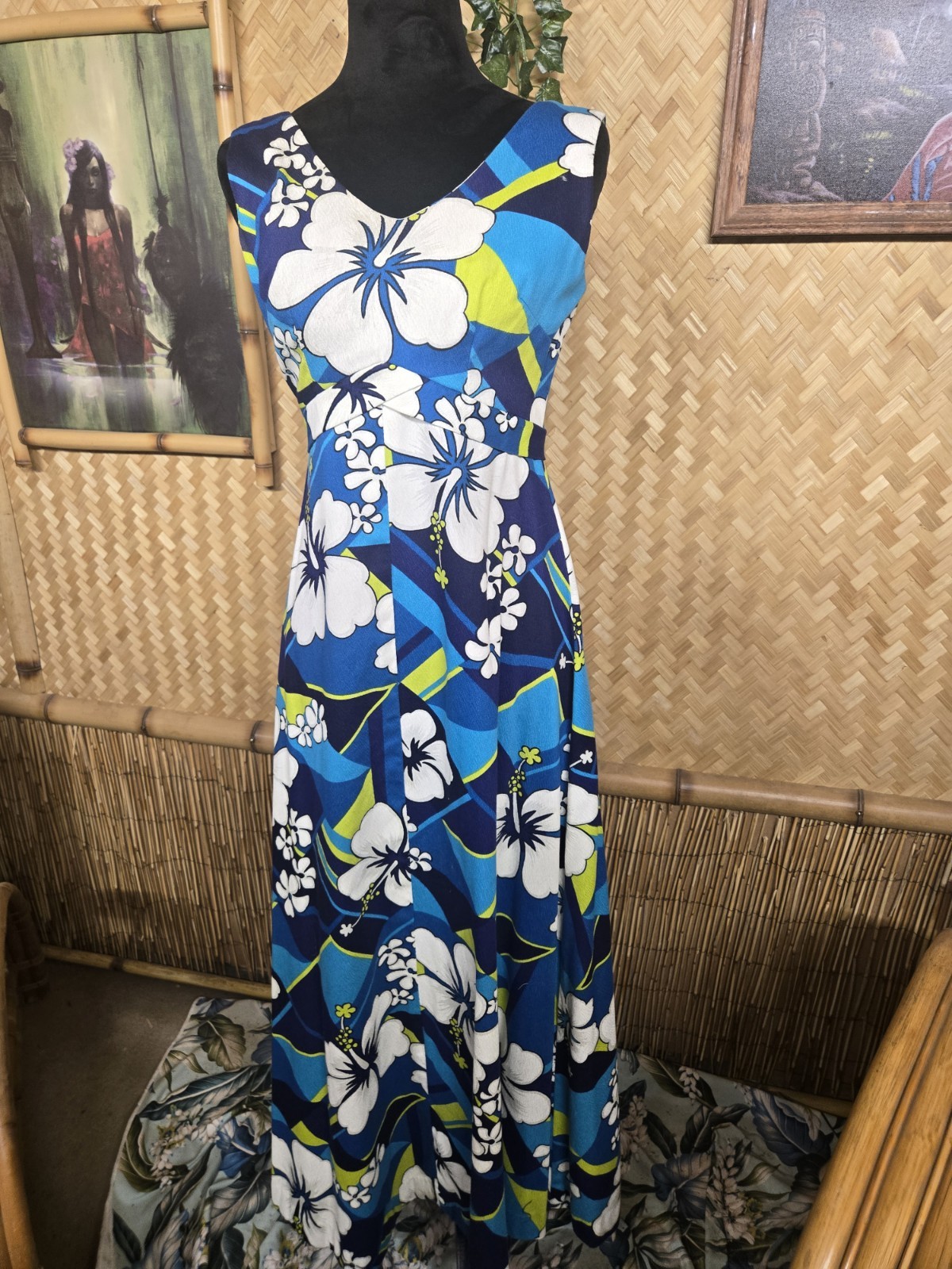 Vintage Hukilau Fashions Hawaiian Barkcloth Aloha Maxi Dress w1223