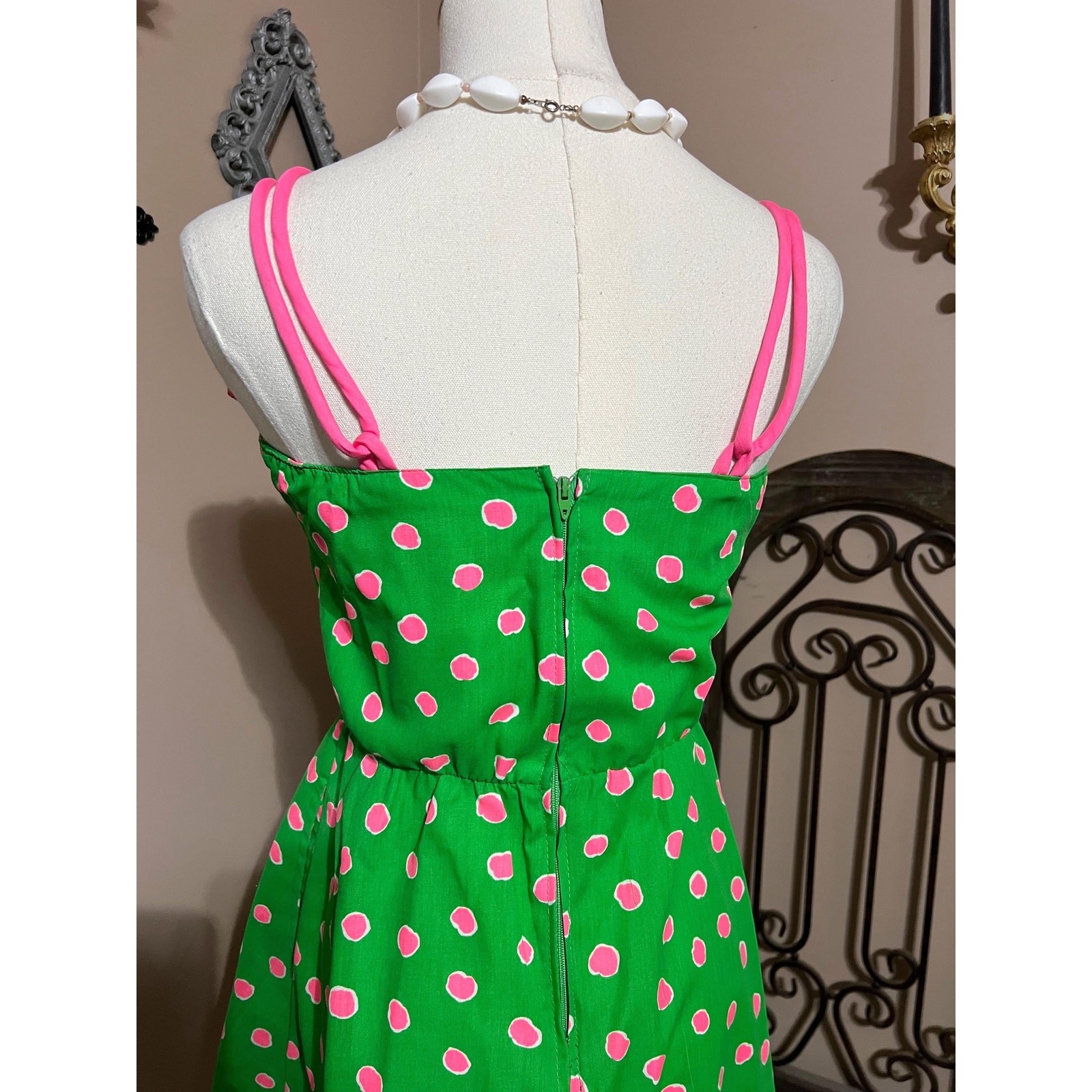 Vintage 60s 70s Green & Pink Polka Dot Tank Sundress Colorful Retro Mod Size S
