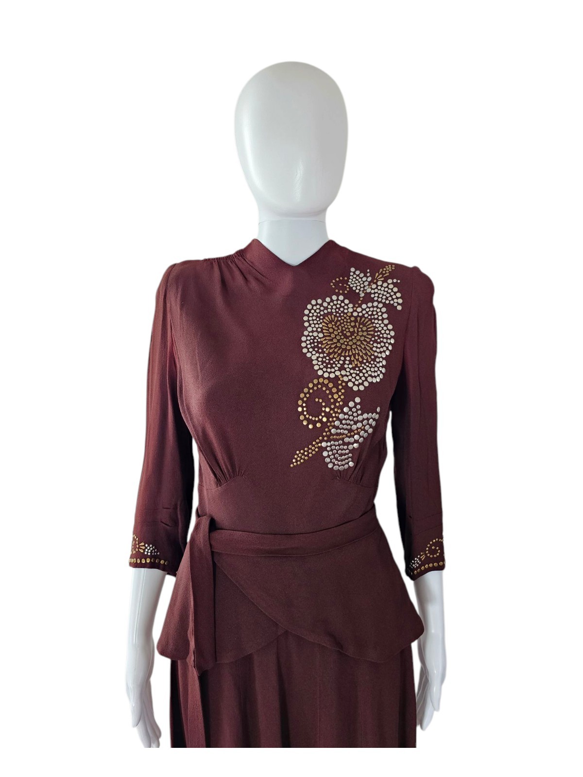 Vintage 1940s WWII rayon crepe cocktail Studded Peplum Midi Coktail Dress W25″