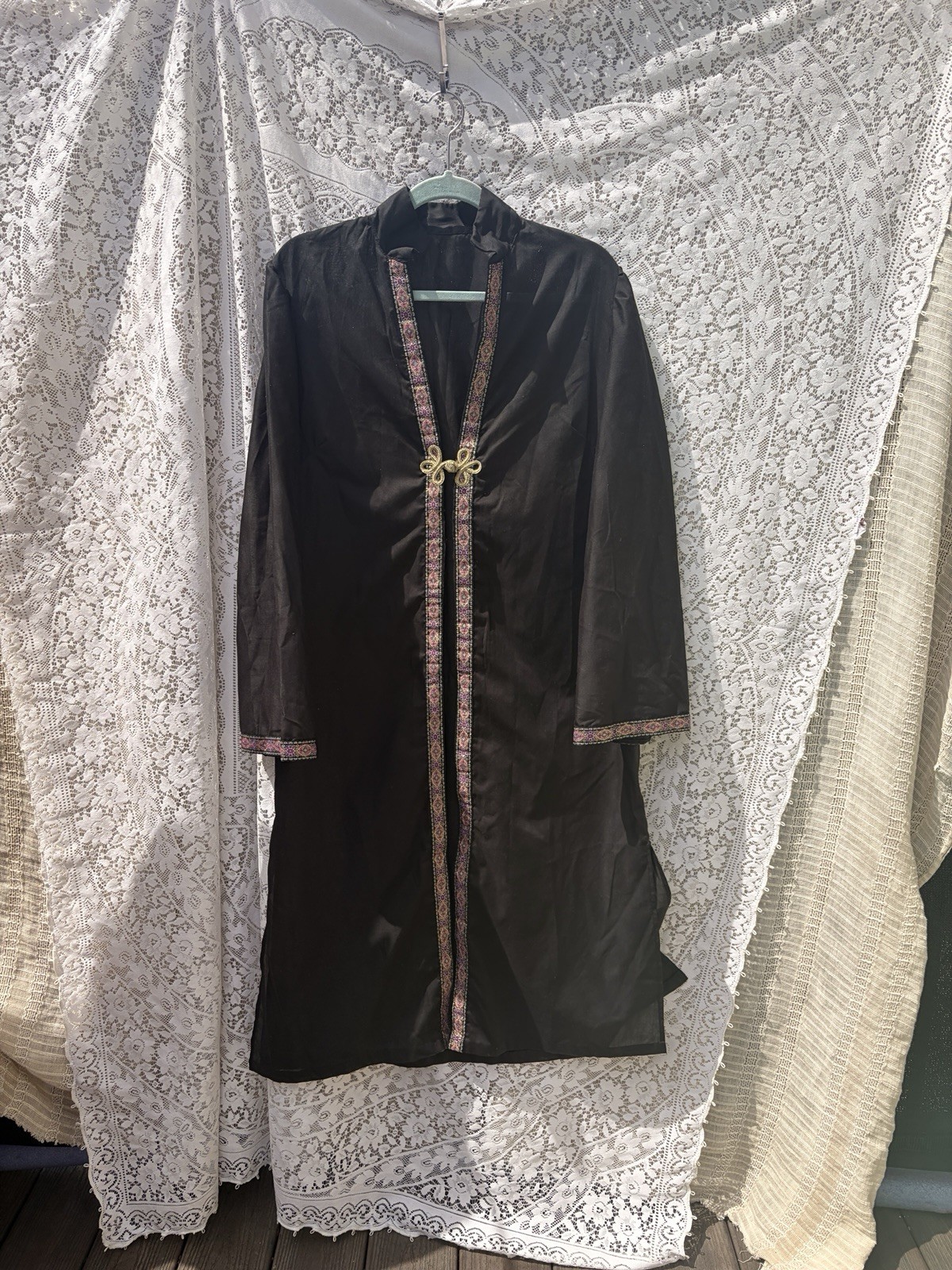 Vintage 70s Black Cotton Maxi Robe Jacket Boho Asian Style Trim Womens M