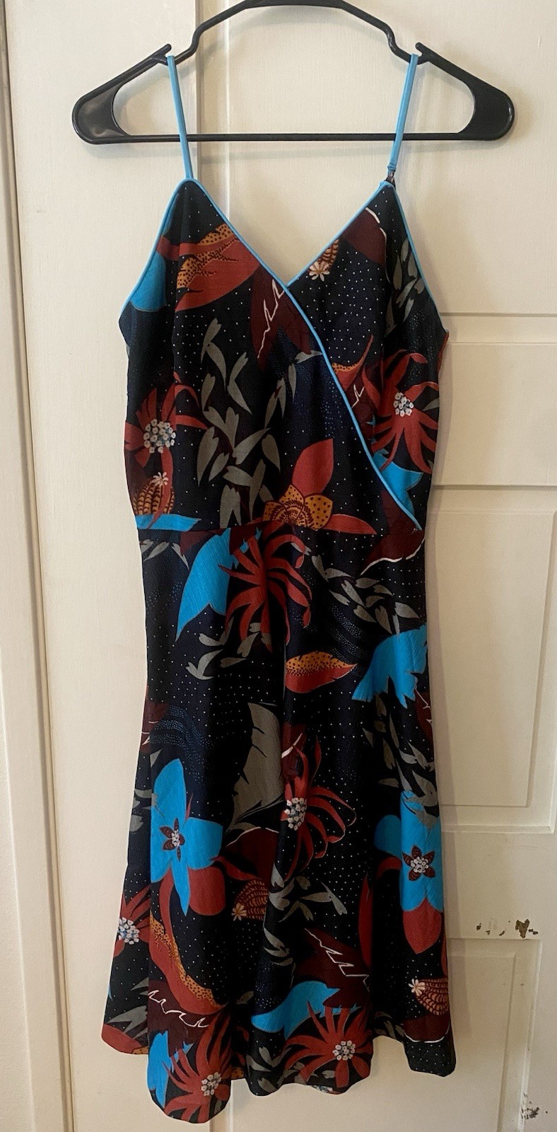 Vintage Joan Curtis Multicolor Dress Floral Blue Trim Sleeveless Sz 14