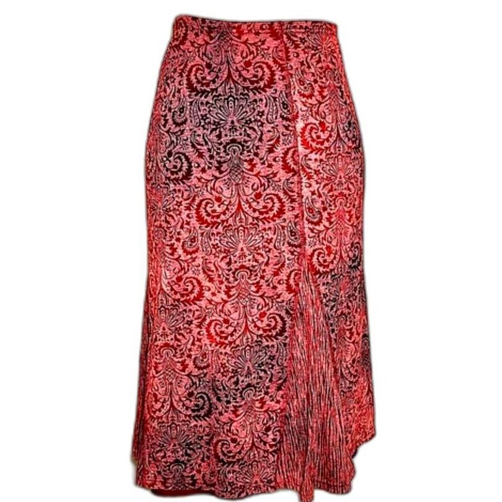 Vtg 90s Tribal Women XL Damask Paisley Midi Skirt Godet Maroon Red Bulgaria Knit
