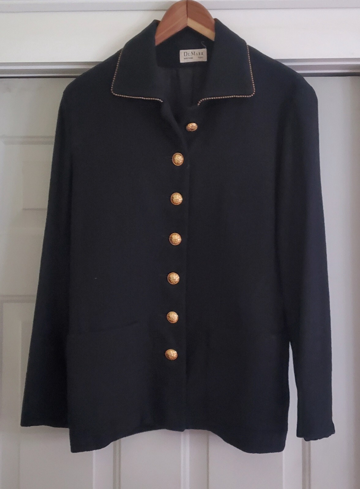 Rare Vintage Renee DuMarr NY Paris Black Wool Boucle-Style Jacket Brass Buttons