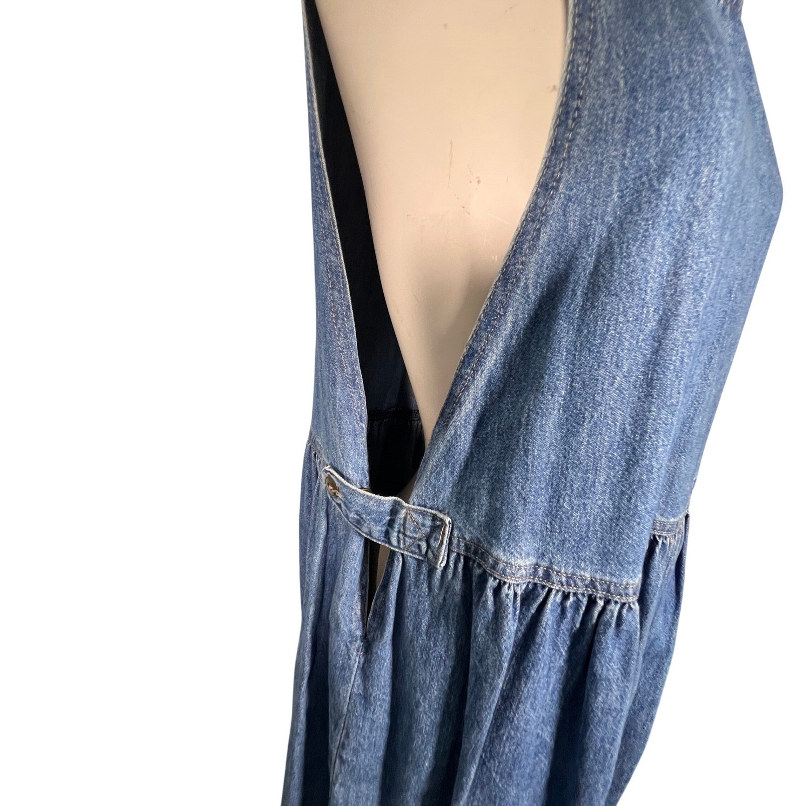 Vintage Denim Jumper Dress Women Size 14 Blue Pinafore Midi Cotton Drop Waist