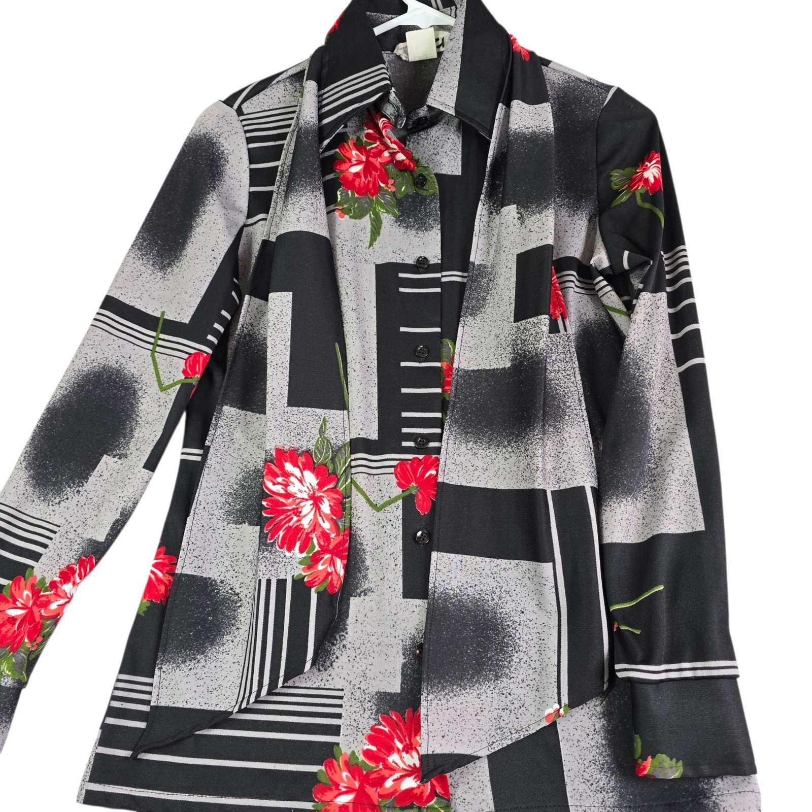 Vintage Trissi Blouse Women S Black Gray Red 70s Geometric Floral Tie Neck Scarf