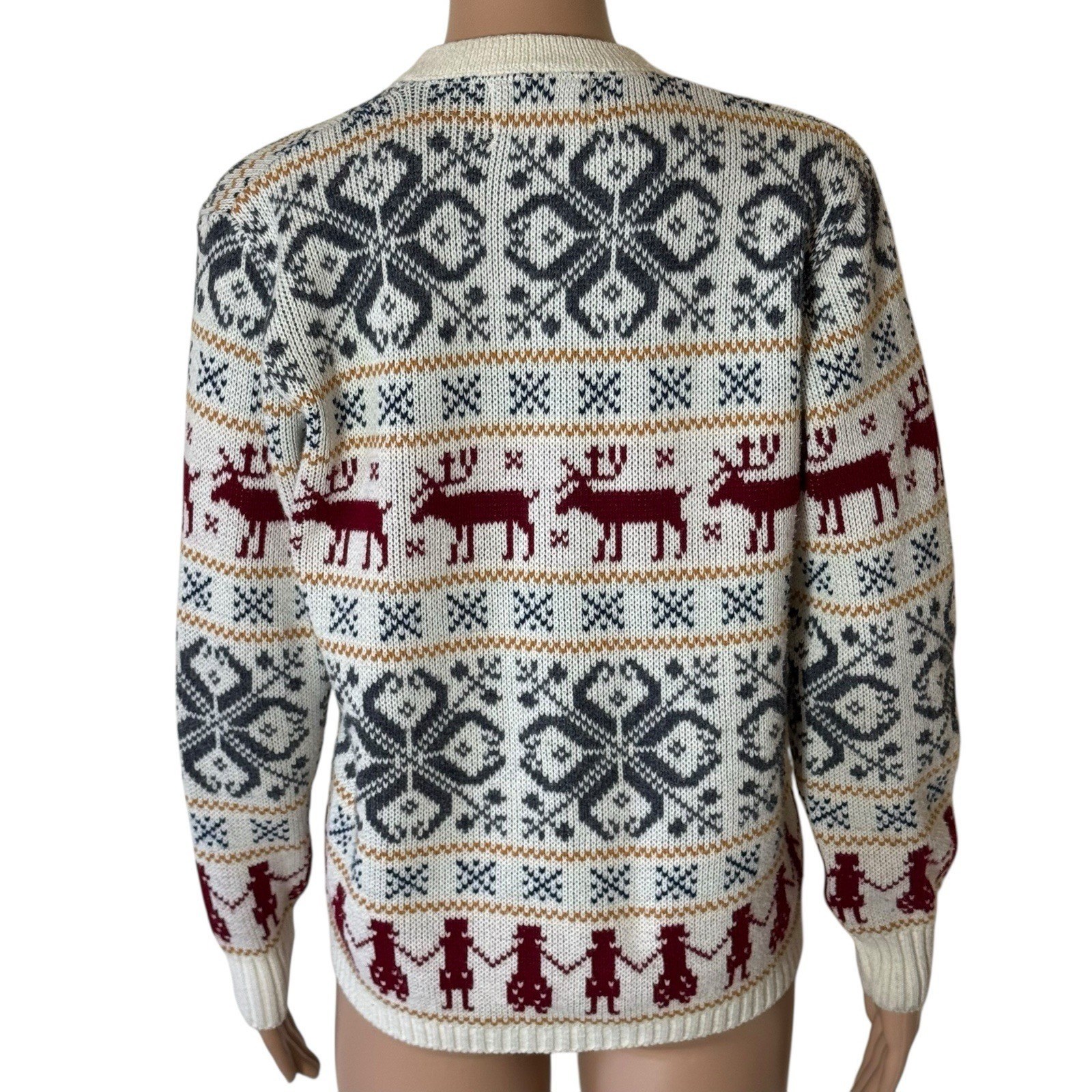 Vintage Jersild Reindeer Fair Isle Cardigan Sweater Cream Navy Burgundy Sz 38