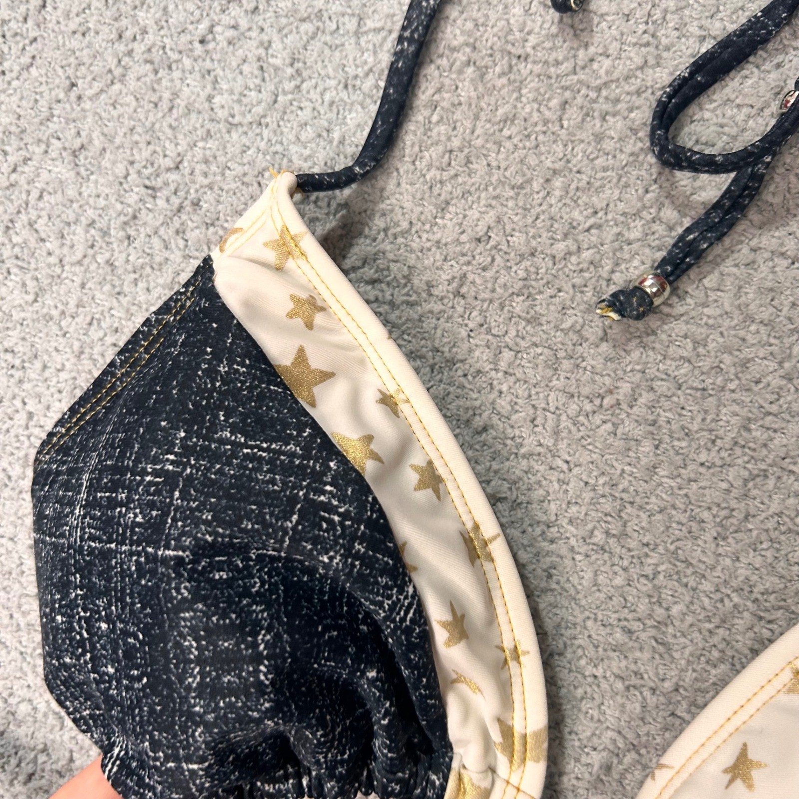 Mudd Vintage Bikini Top Triangle Y2K OS Black Gold Star Denim Print Retro Baddie