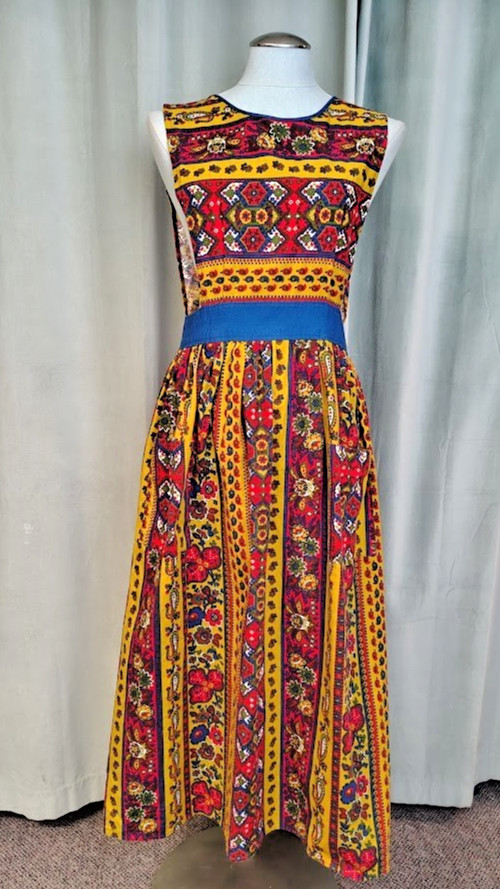 VTG Floral Paisley Bohemian Bib Apron Maxi Dress Design House Japan 60s/70s