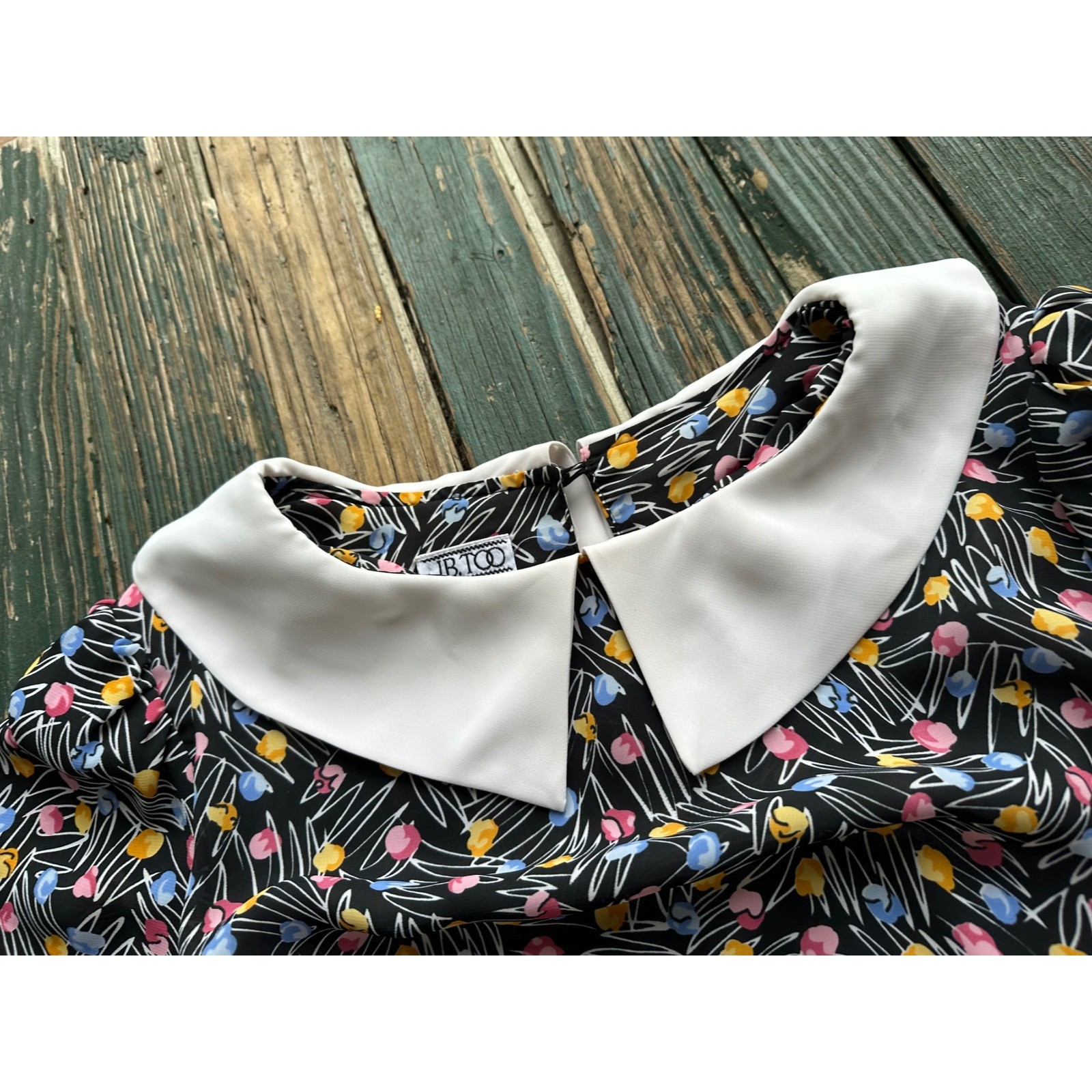 Vintage J.B. Too Abstract Floral Peter Pan Collar Dress Black Multi Size 18/M