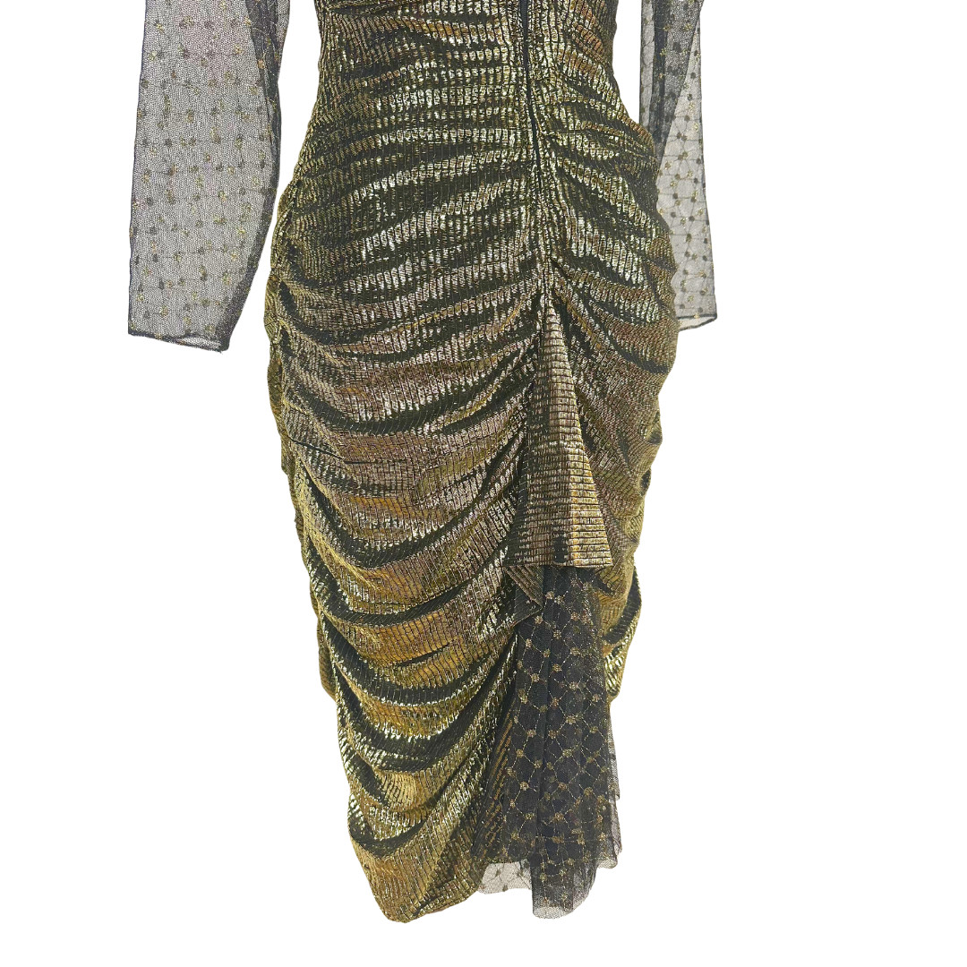 Vintage 1980s Frederick’s of Hollywood Gold Ruched Sheer Shimmer Disco Dress