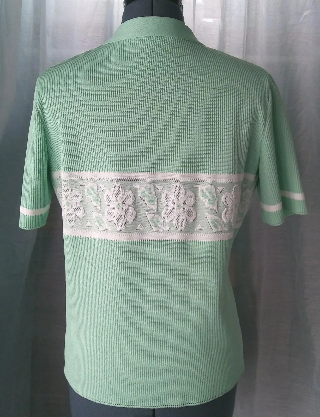 Vtg James Kenrob Mint Grandmacore Cardigan w White Floral Design Stripe Size M/L