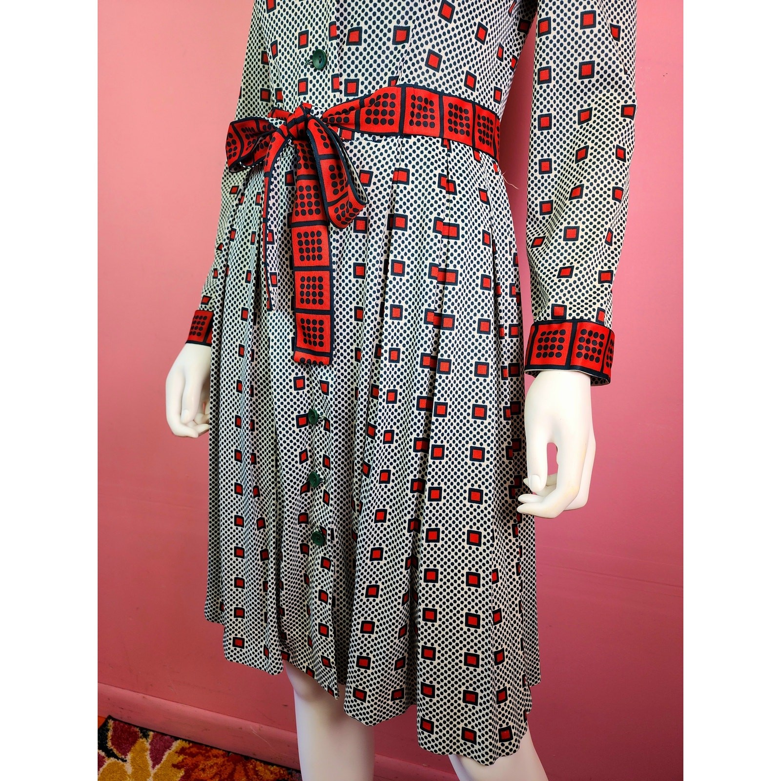 Vintage 1970’s Green and Red Checkered Dot Patterned Pleated Shirt Dress