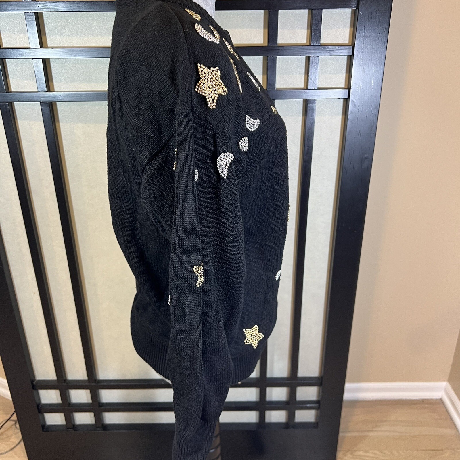 Vintage Eminent Black Sweater Cardigan Metallic Stars & Moons Womens Size M