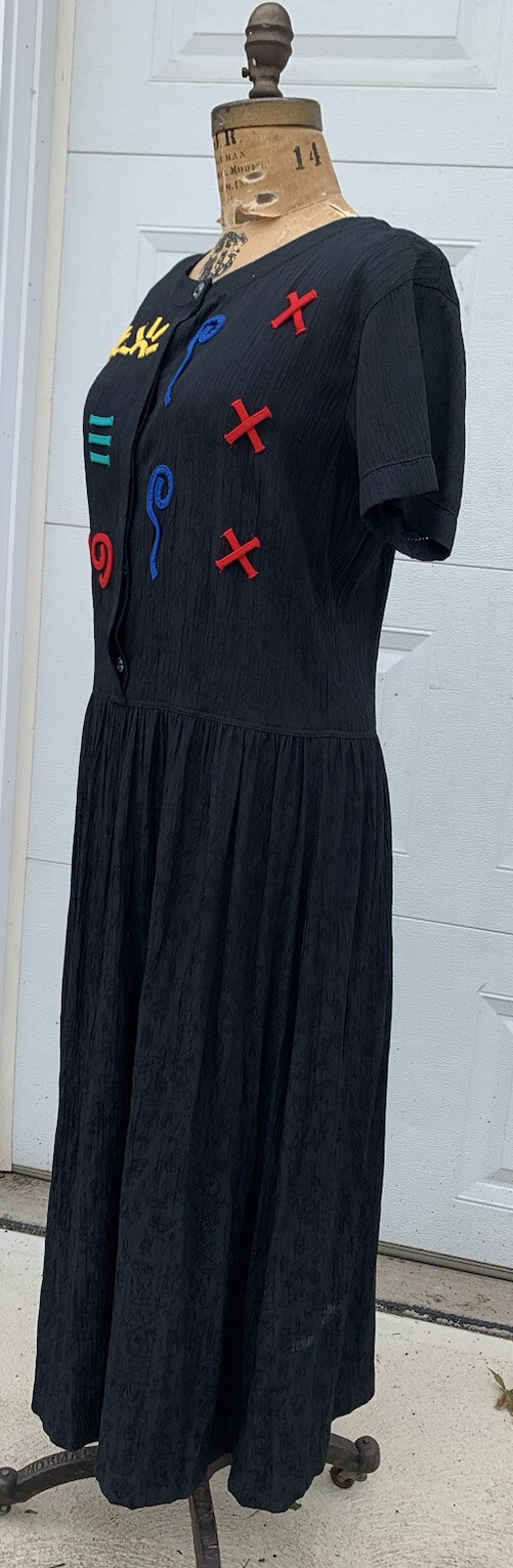 Vtg 1980s Drop Waist Pop Art Appliqué Dress B Blast Bust 40 S/M