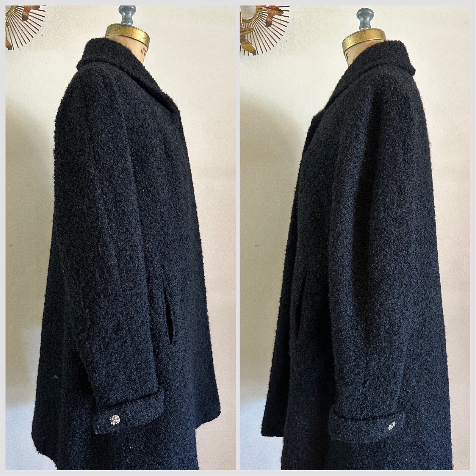 1940s Boucle Wool Swing Coat Holiday Shawl Collar Jacket Rhinestone Cuff 50s VTG