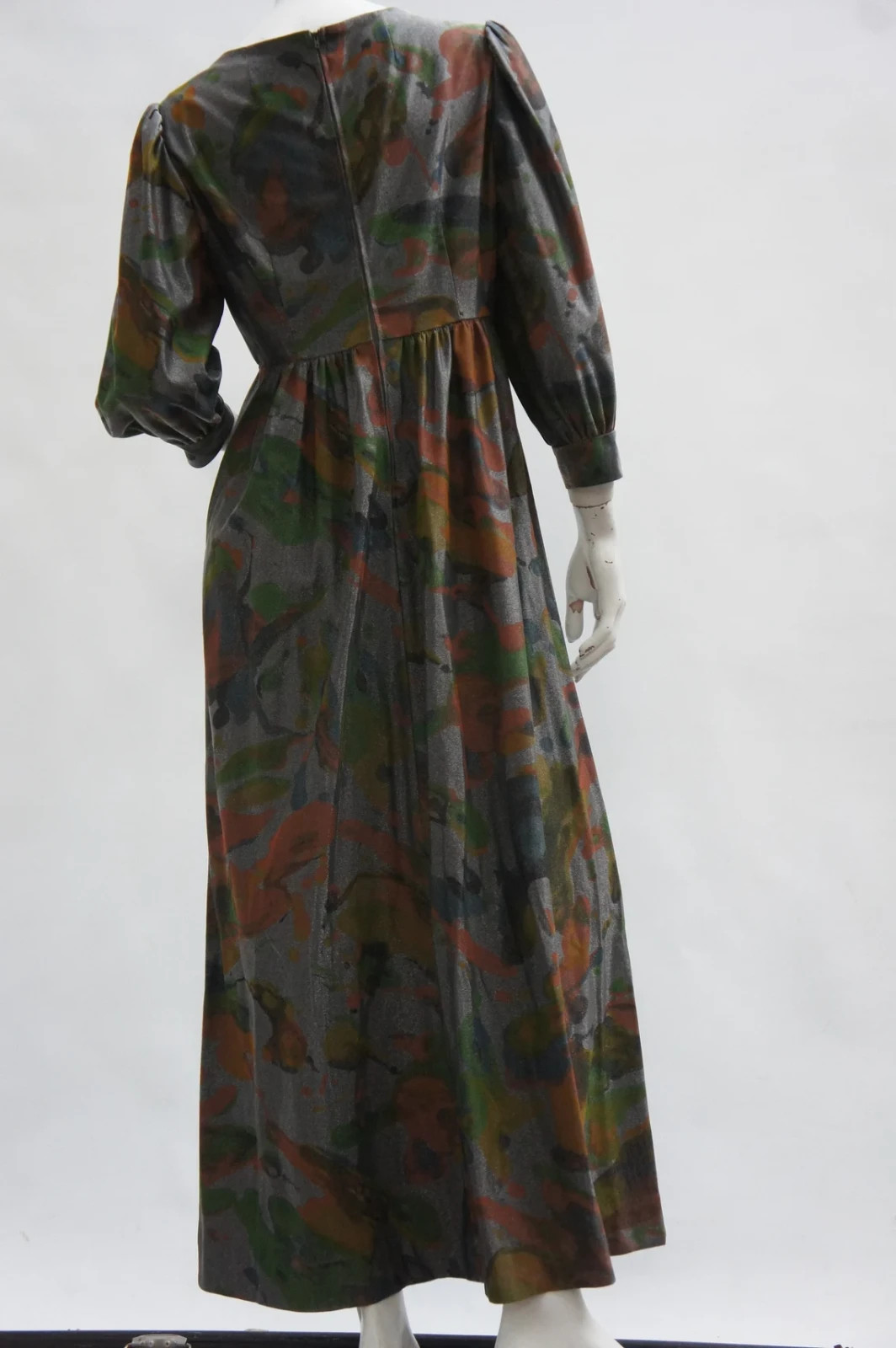 Vintage 60s Metallic Empire Waist Maxi Dress Retro Boho Hippie