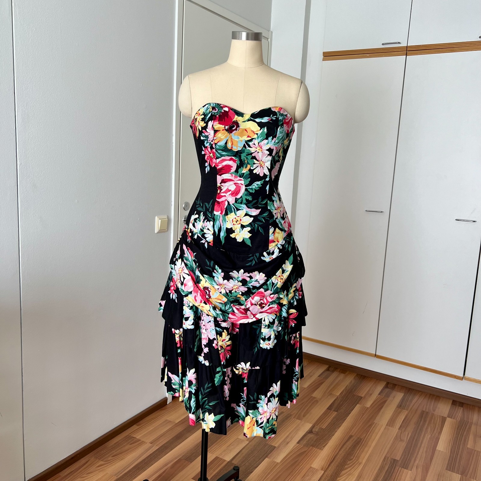 1980s Cotton Floral Corset Party Dress Strapless Cottagecore Romantic Midi Retro