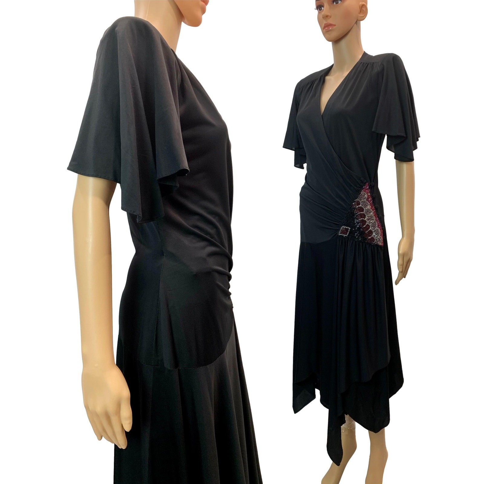 Vintage Vijack Black Beaded Wrap Dress | Nancy Bracoloni 70s 80s Scarf Hem | S