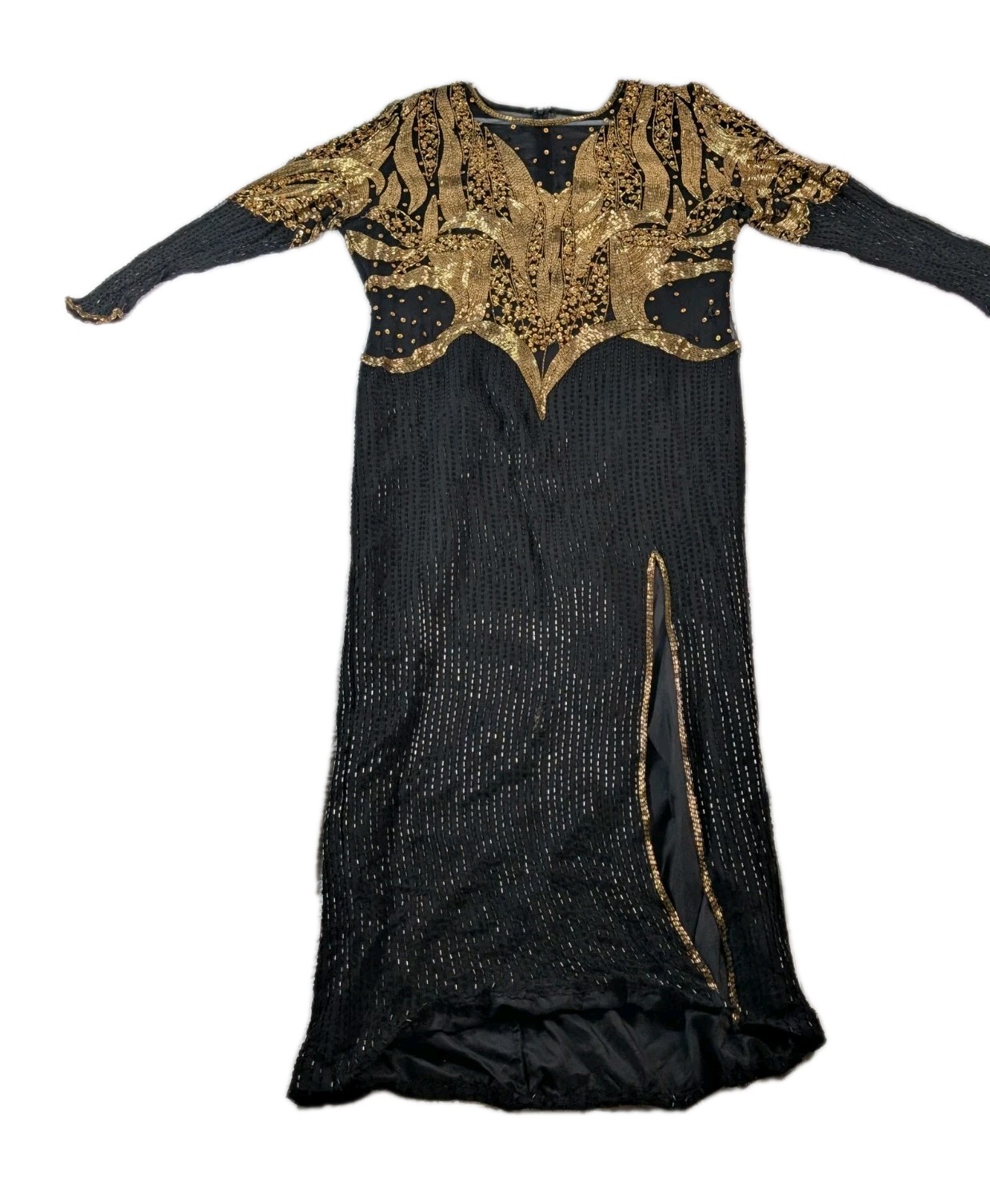 Vtg Landmark Silk Beaded Gown XL, Black Gold Sequin Maxi Dress, Flapper READ