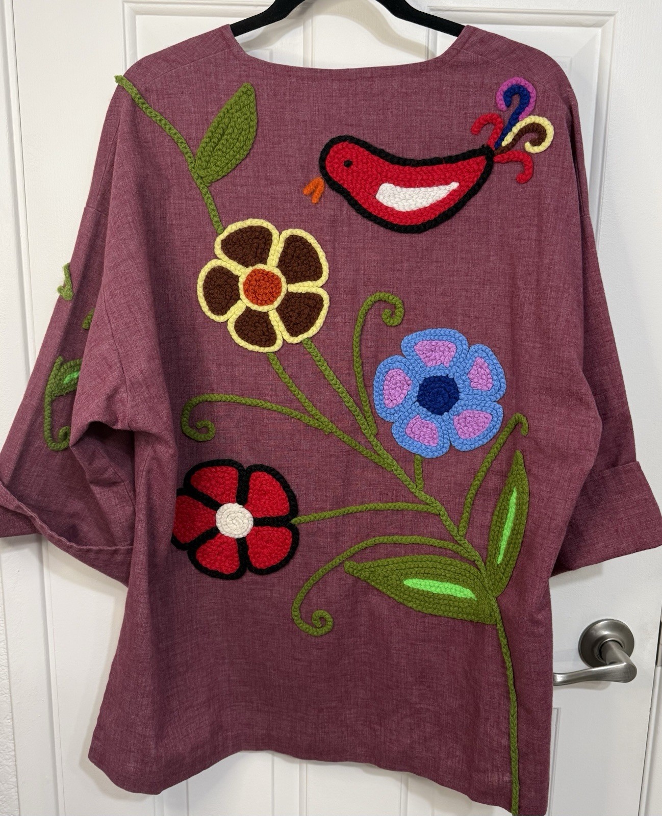 VTG Maroon Top Handmade 60s 70s Hippie Boho Yarn Flowers Bird Colorful L?
