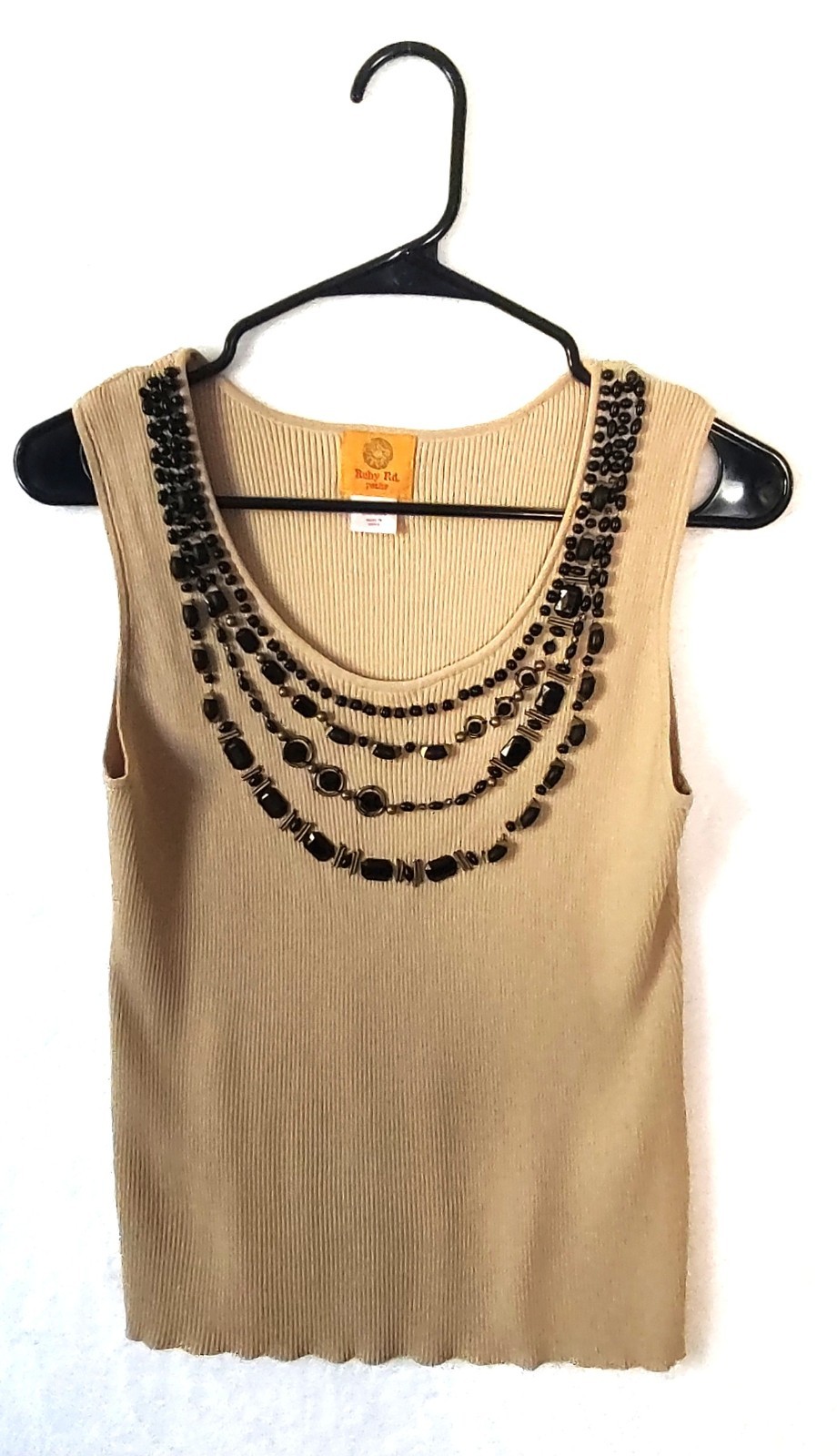 Ruby Rd. Womens Vintage Top Large Petite Tan Embellished with Black Beads