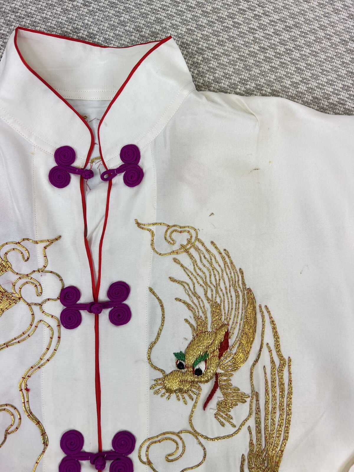 1940s Vintage Asian Japanese White gold Embroidered Dragon Pajama pant top set