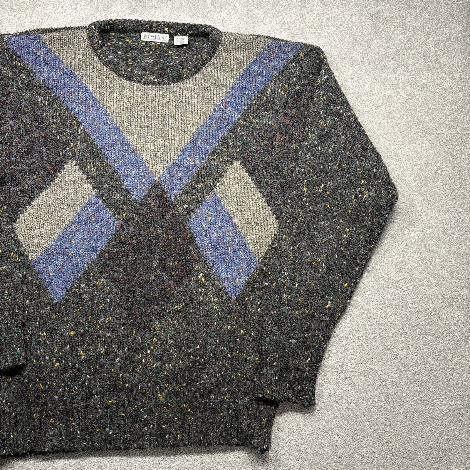 1980s Koman Knit Sweater Wool Blend Confetti Gray Geometric Size Large Vintage